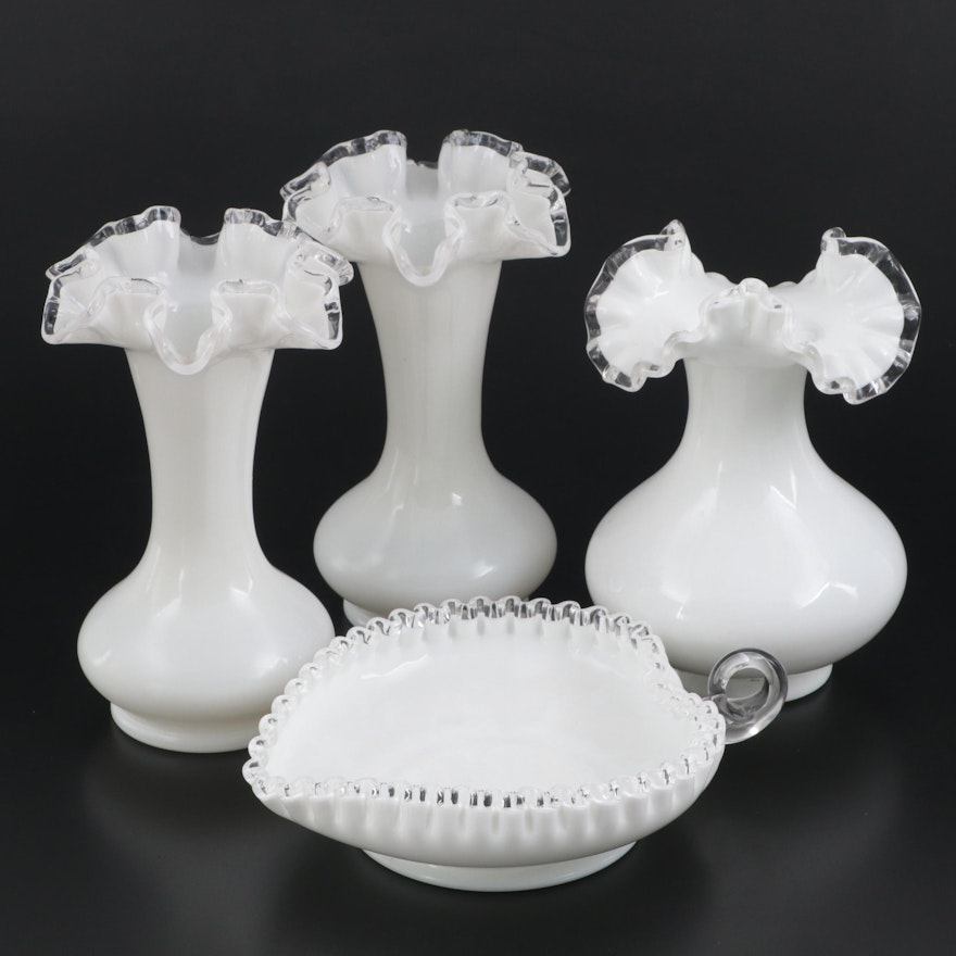 Fenton "Silver Crest" Glass Ruffle Rim Vases and Bowl, Mid-20th Century