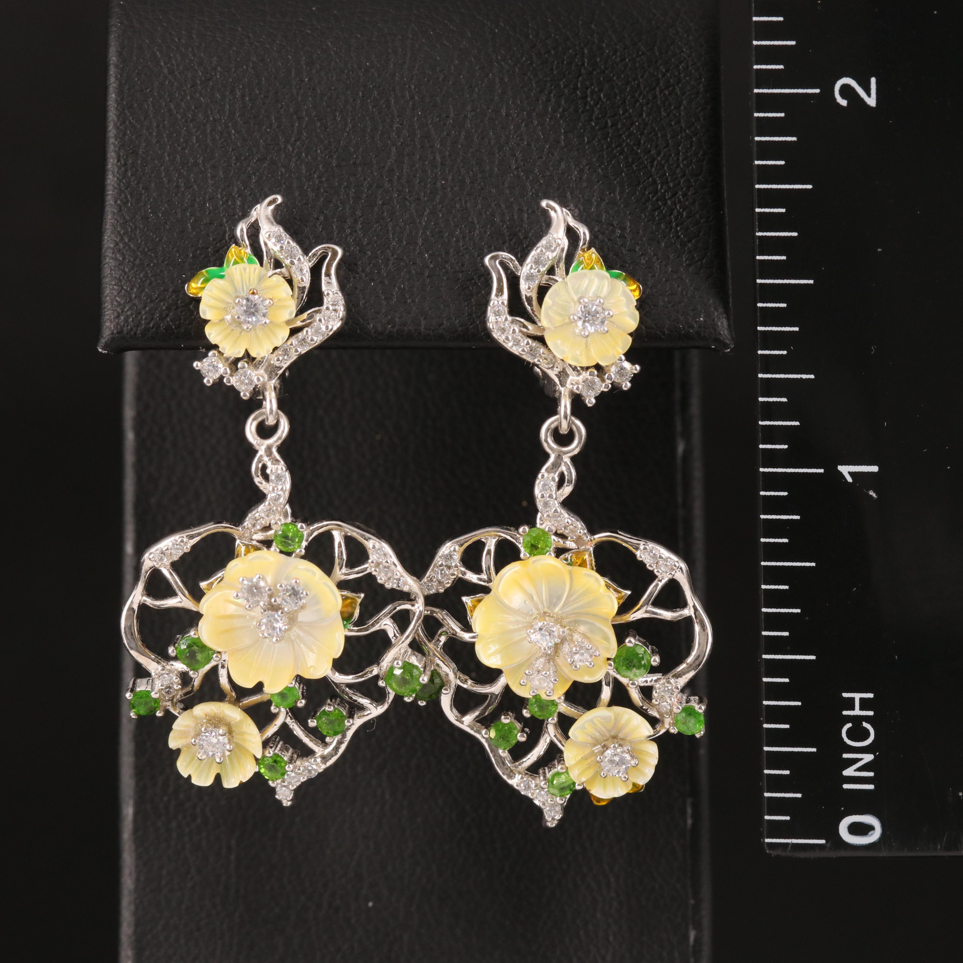 Sterling Mother-of-Pearl, Cubic Zirconia and Diopside Floral Earrings