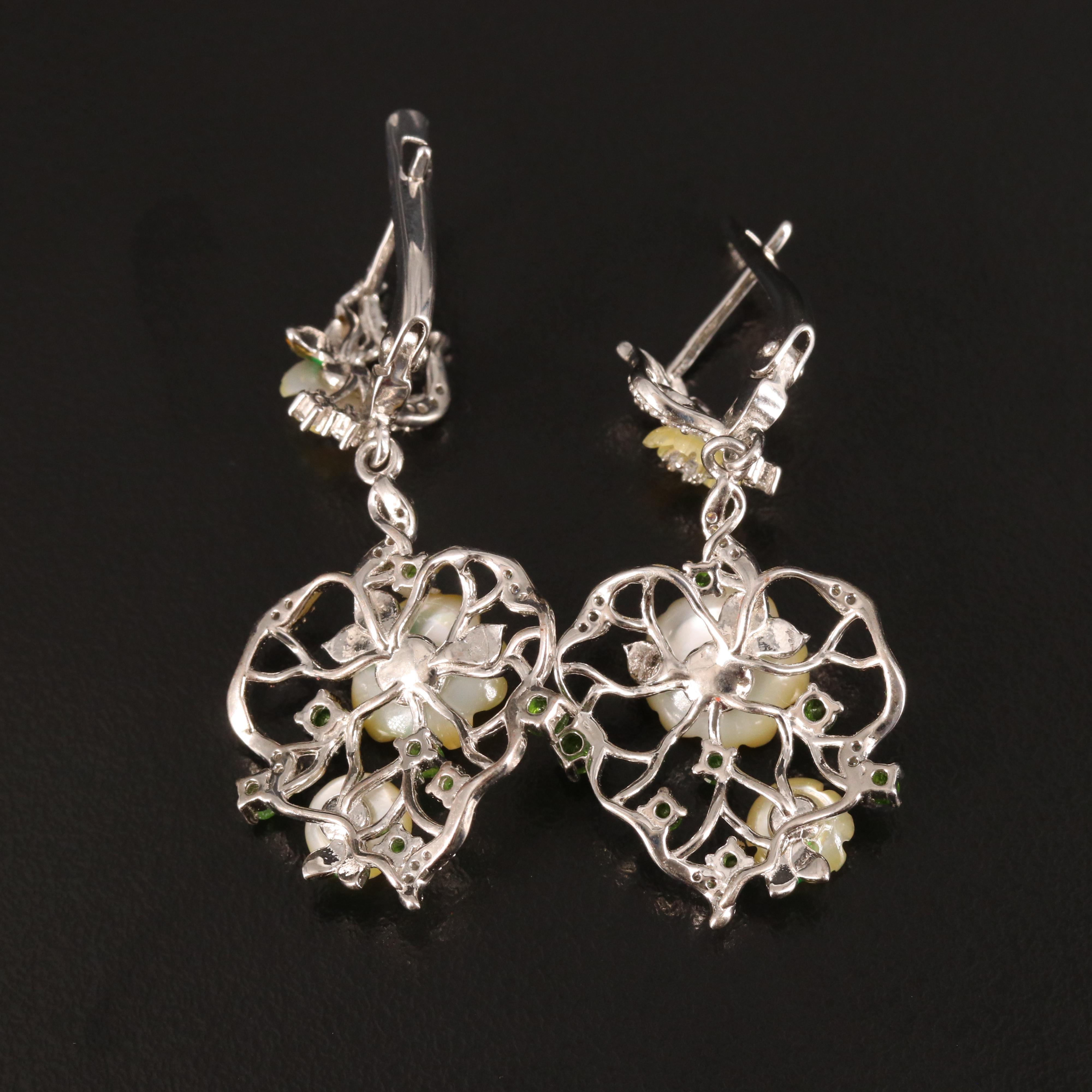 Sterling Mother-of-Pearl, Cubic Zirconia and Diopside Floral Earrings