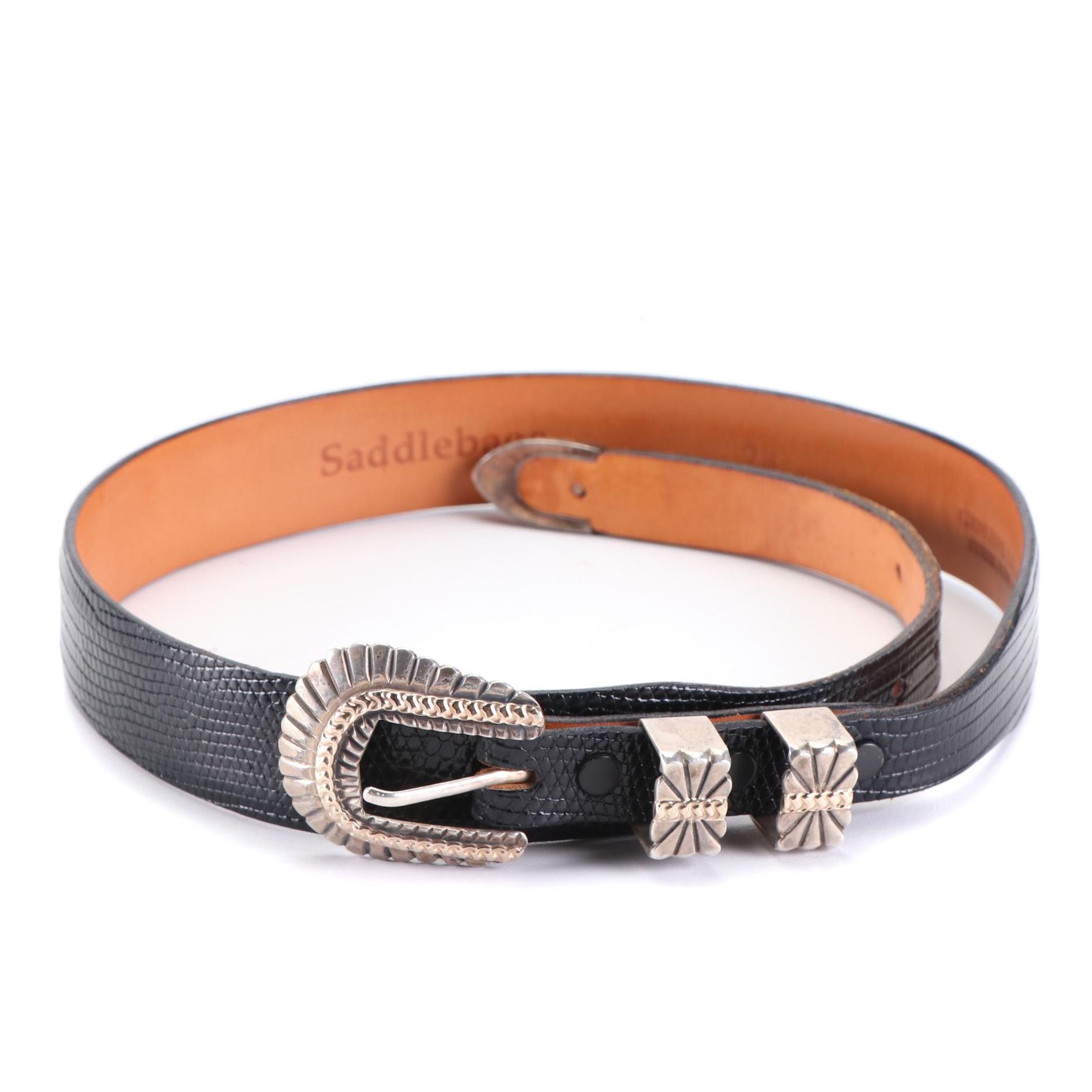 James Reid Ltd. Sterling and 14K Buckle Set on Saddlebags Java Lizard