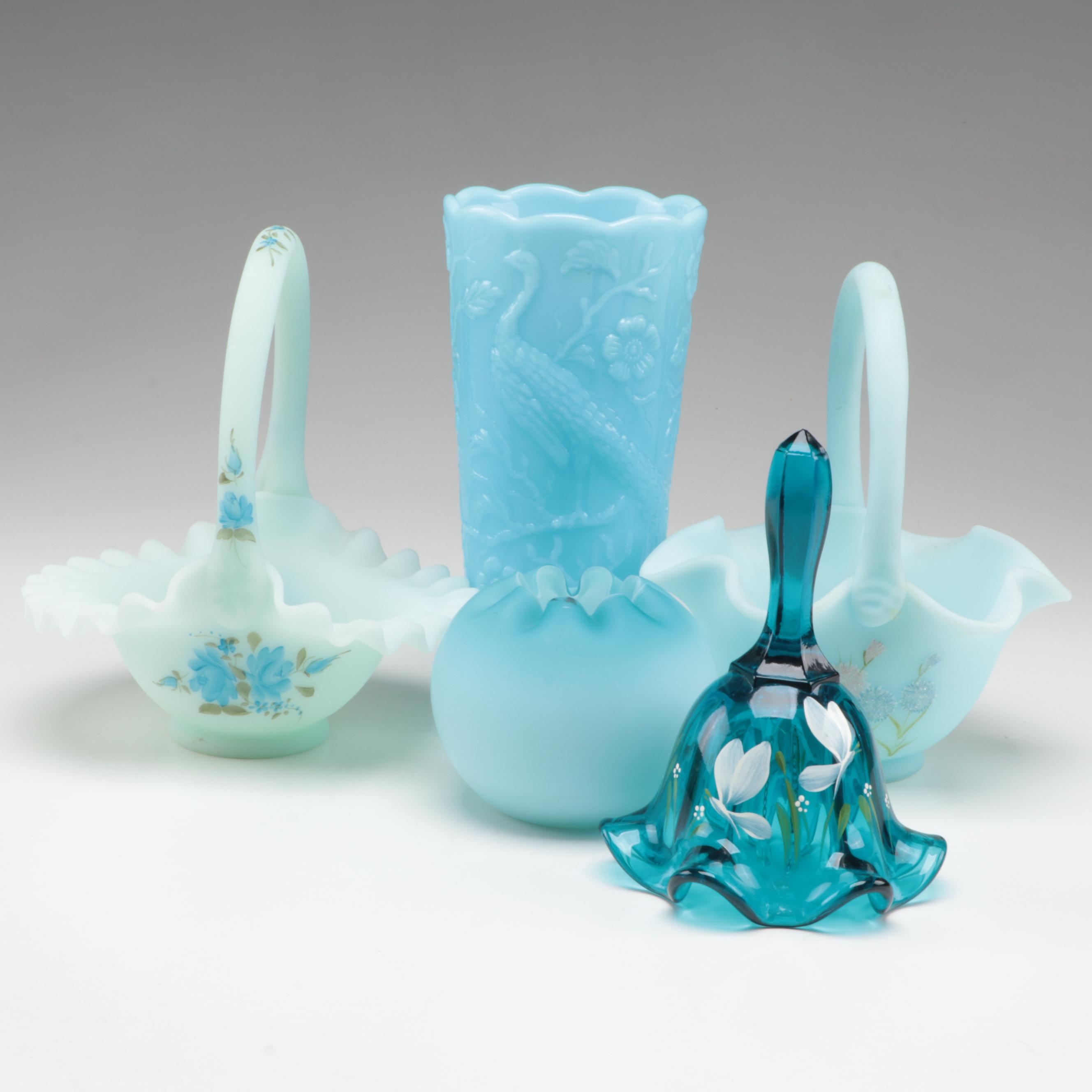 Hand-Painted Fenton Cameo Satin Baskets with Fenton Vases and Bell