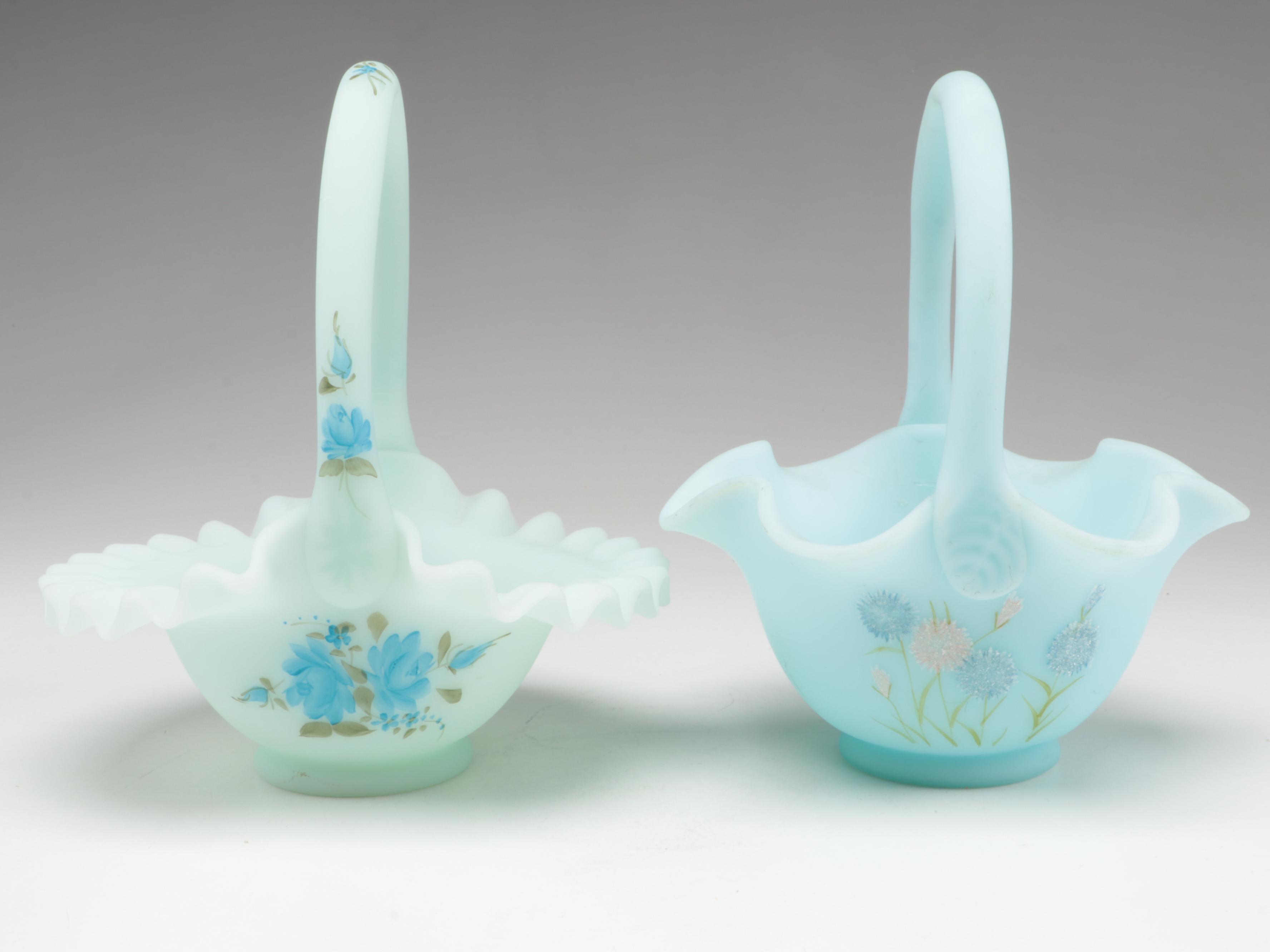 Hand-Painted Fenton Cameo Satin Baskets with Fenton Vases and Bell