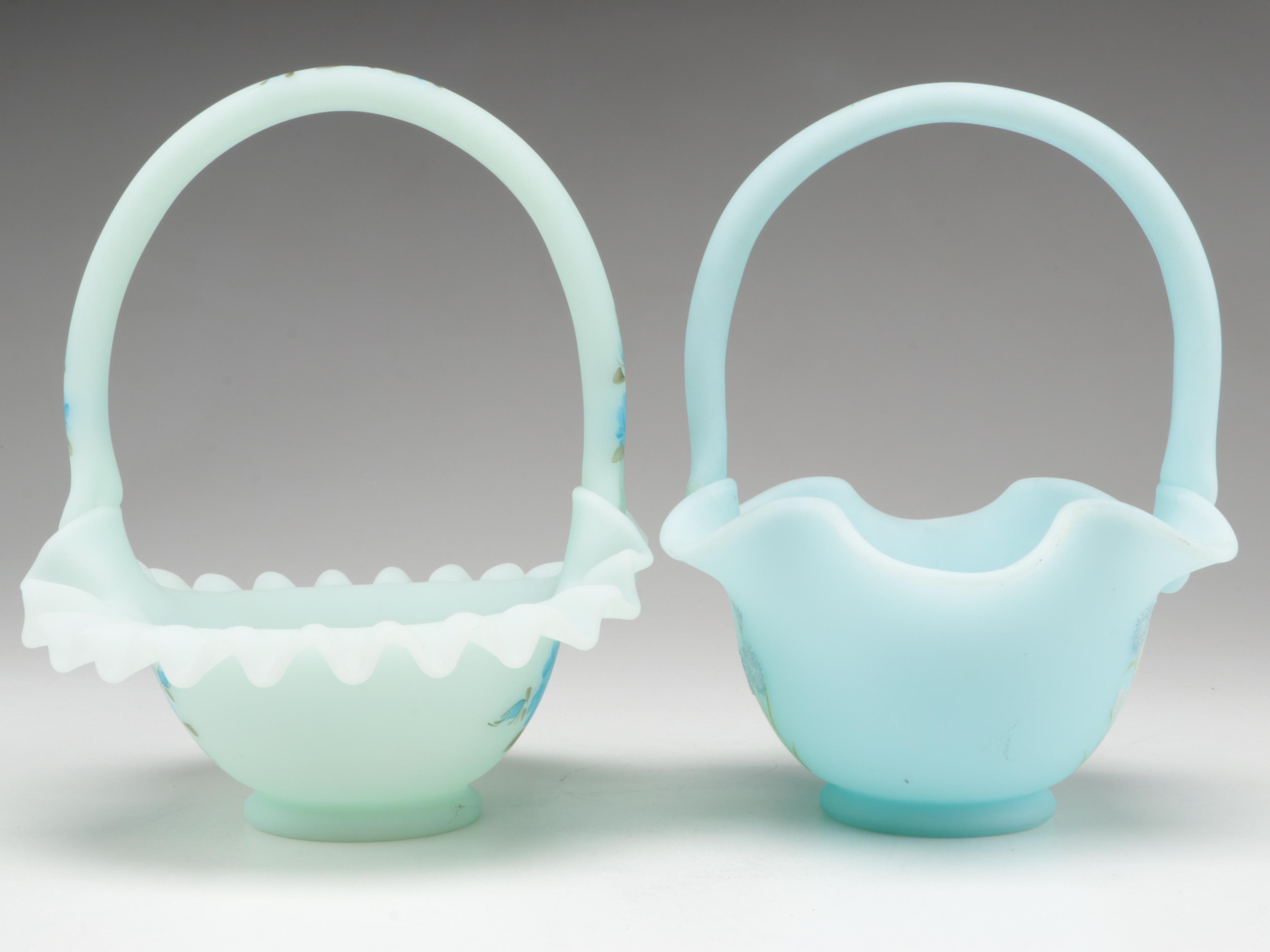 Hand-Painted Fenton Cameo Satin Baskets with Fenton Vases and Bell
