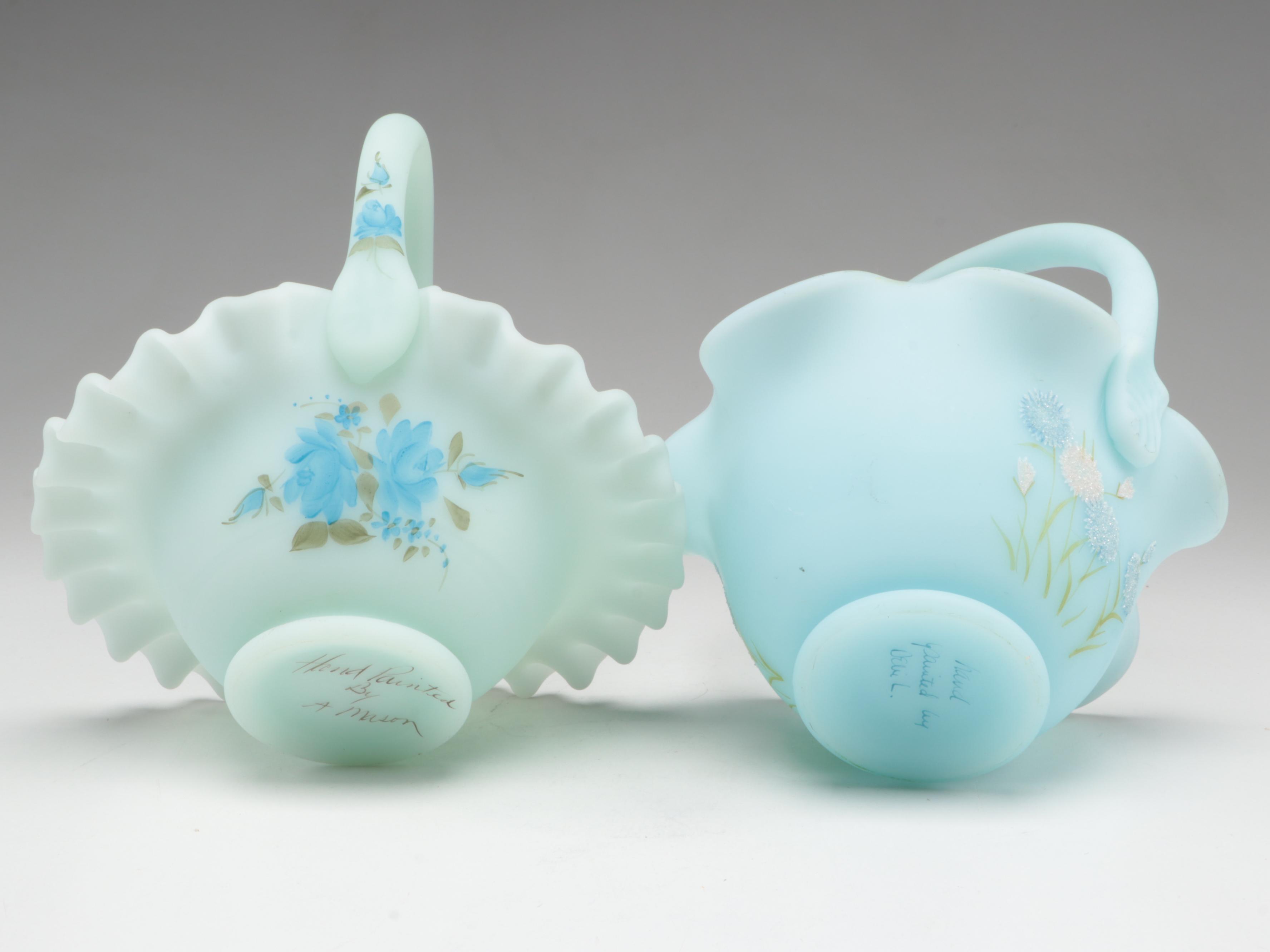 Hand-Painted Fenton Cameo Satin Baskets with Fenton Vases and Bell