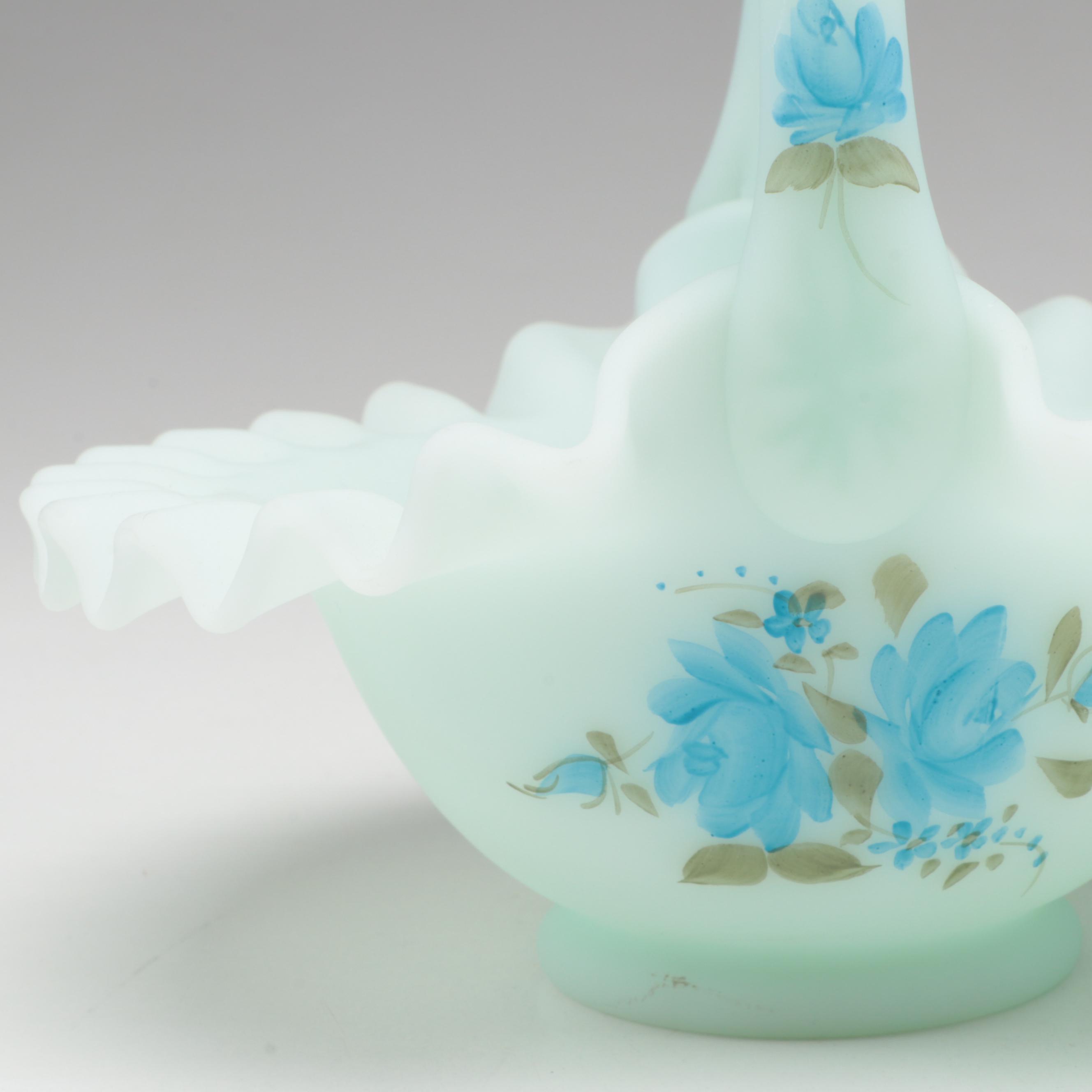 Hand-Painted Fenton Cameo Satin Baskets with Fenton Vases and Bell