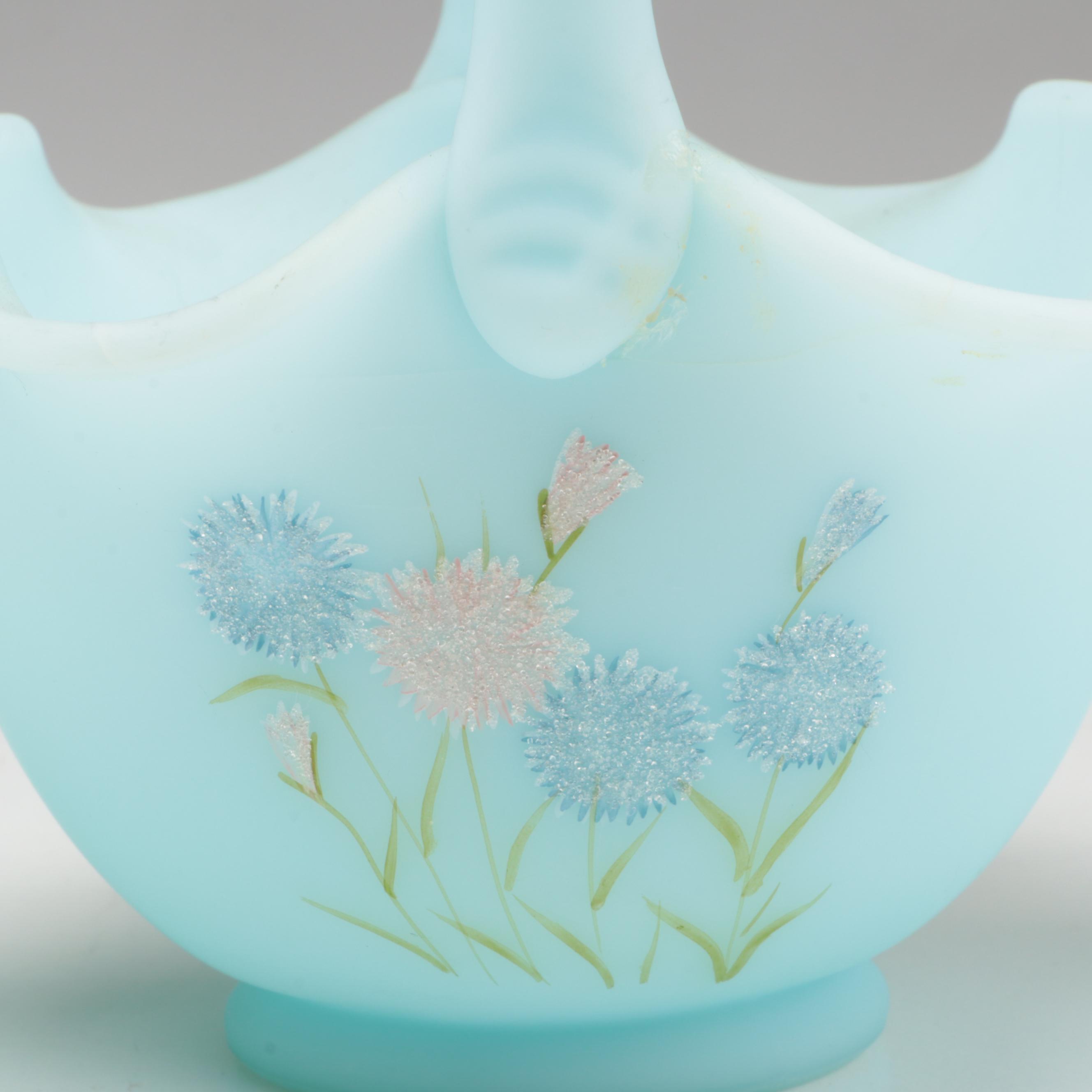 Hand-Painted Fenton Cameo Satin Baskets with Fenton Vases and Bell