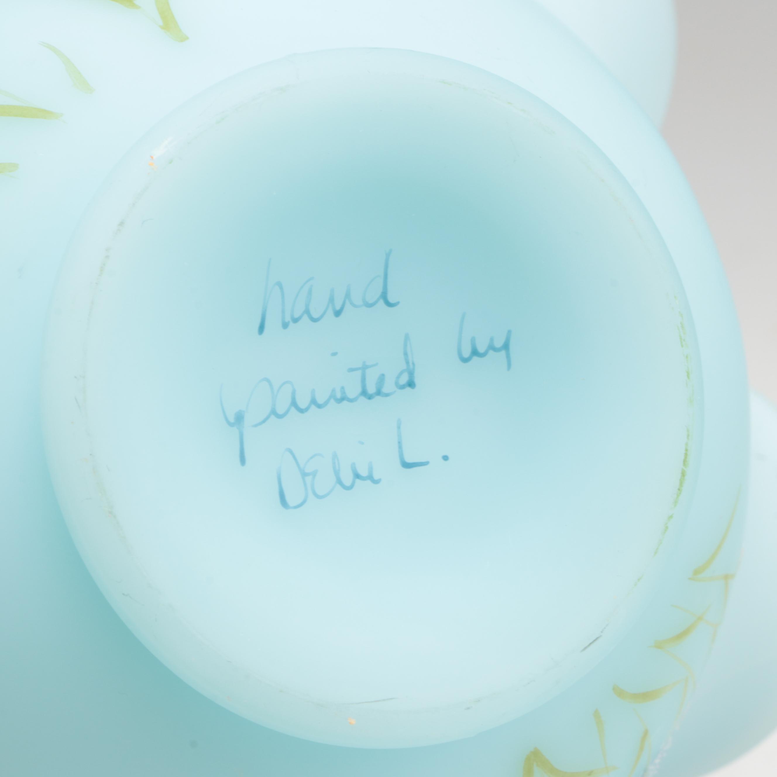 Hand-Painted Fenton Cameo Satin Baskets with Fenton Vases and Bell