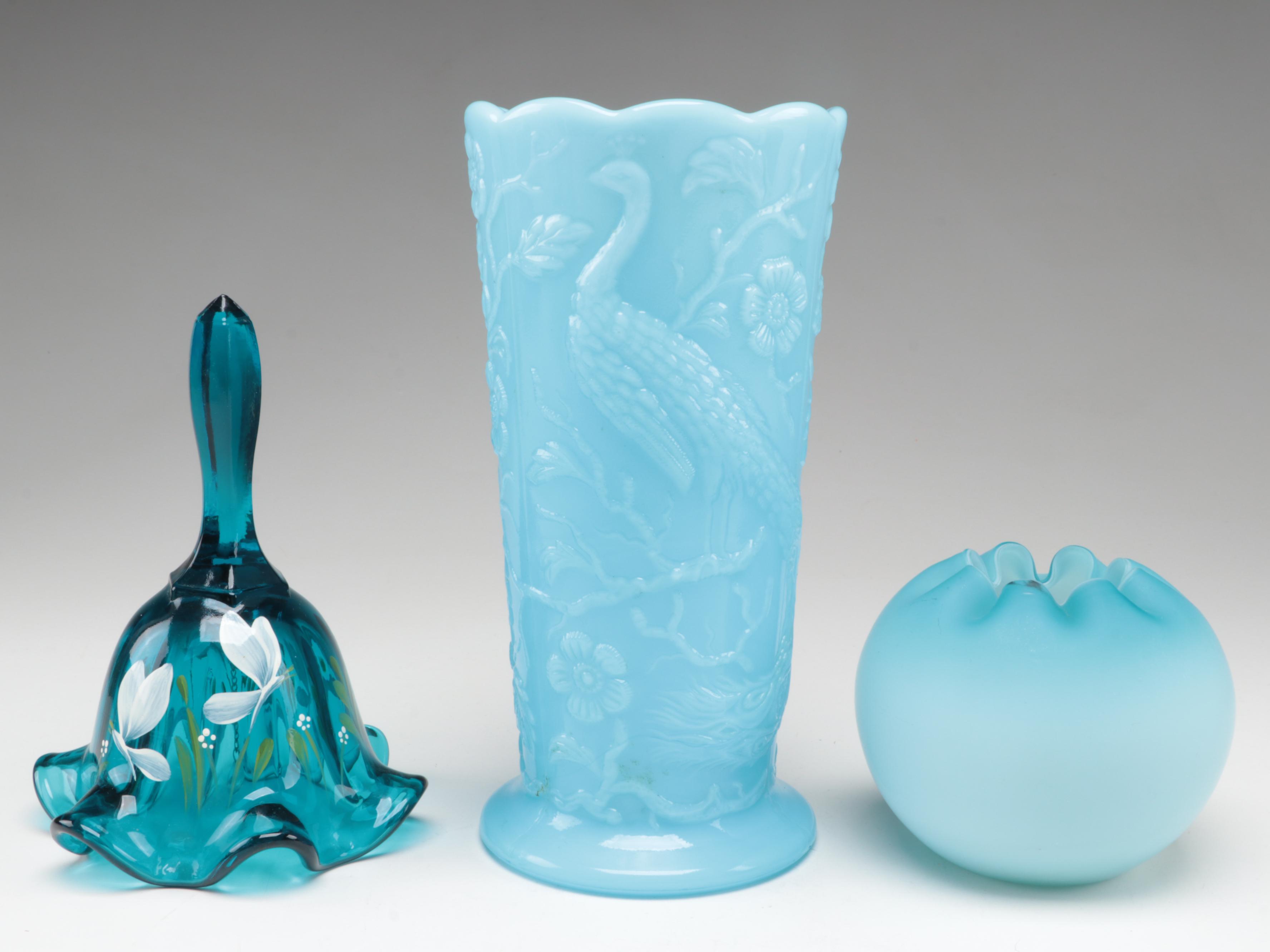 Hand-Painted Fenton Cameo Satin Baskets with Fenton Vases and Bell