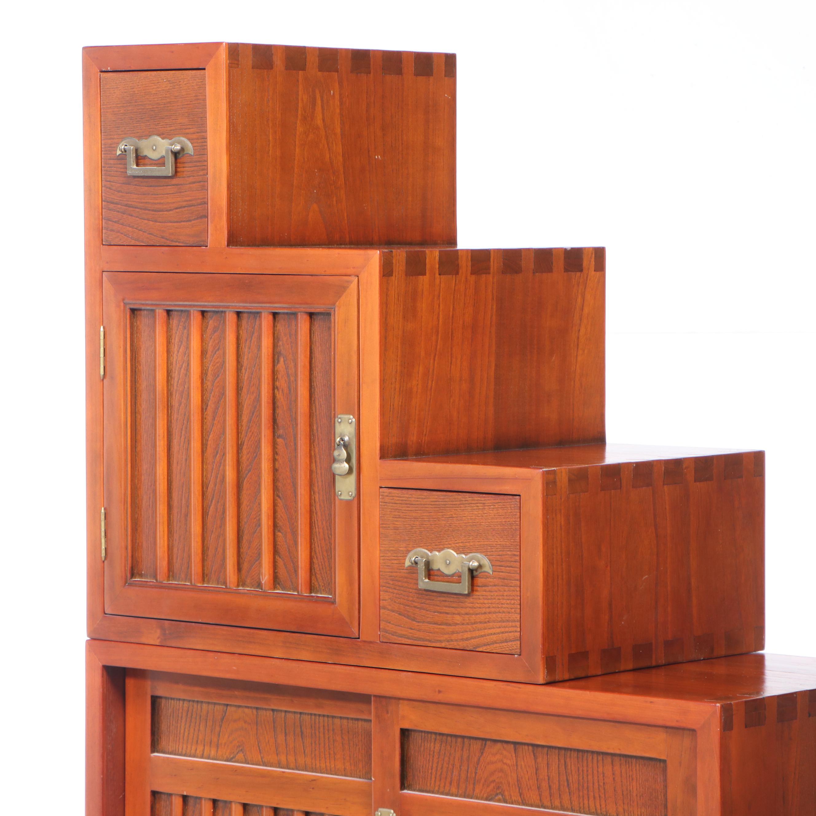 Four-Piece Japanese Elm Stepped Tansu Chest