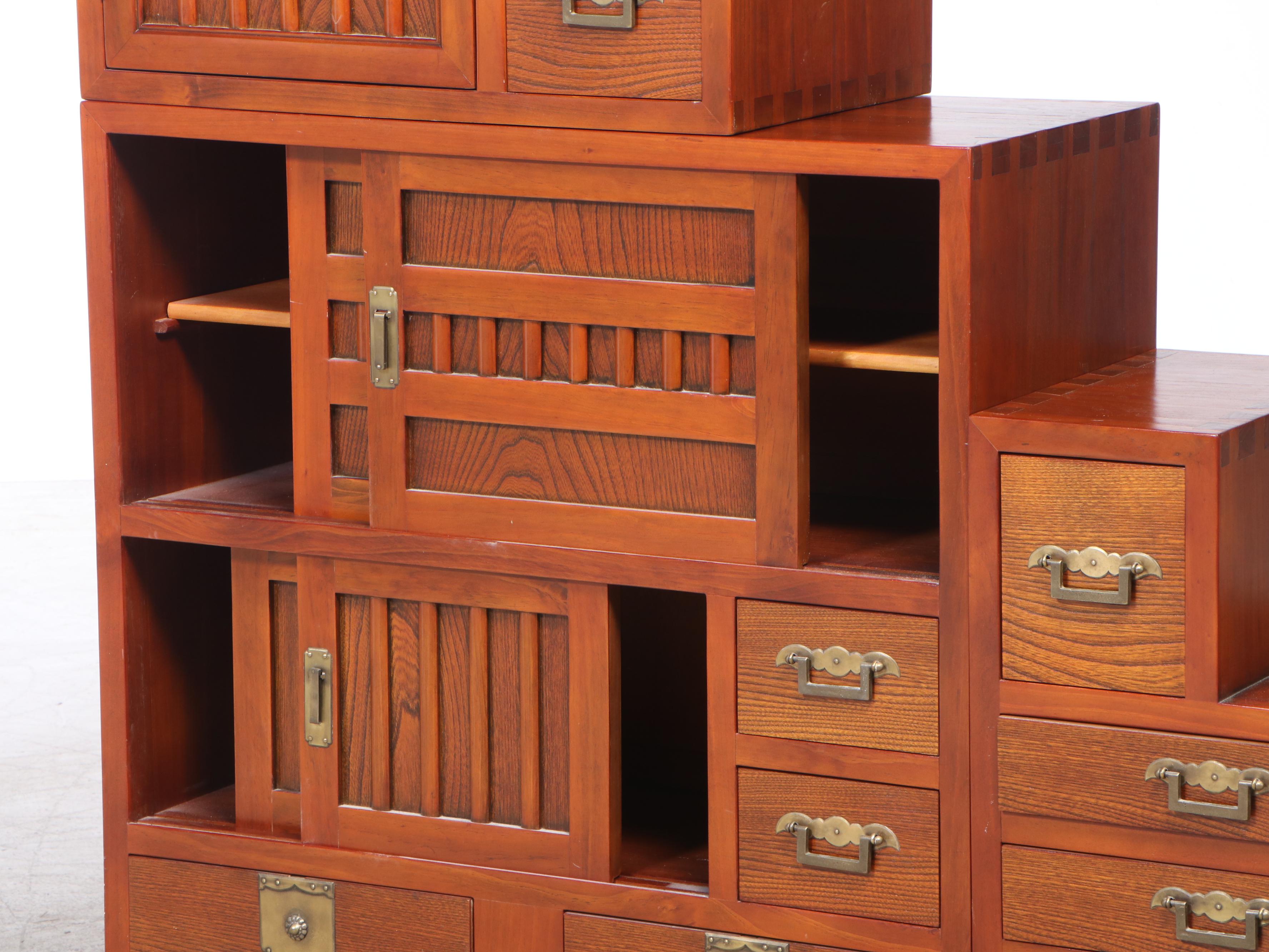 Four-Piece Japanese Elm Stepped Tansu Chest