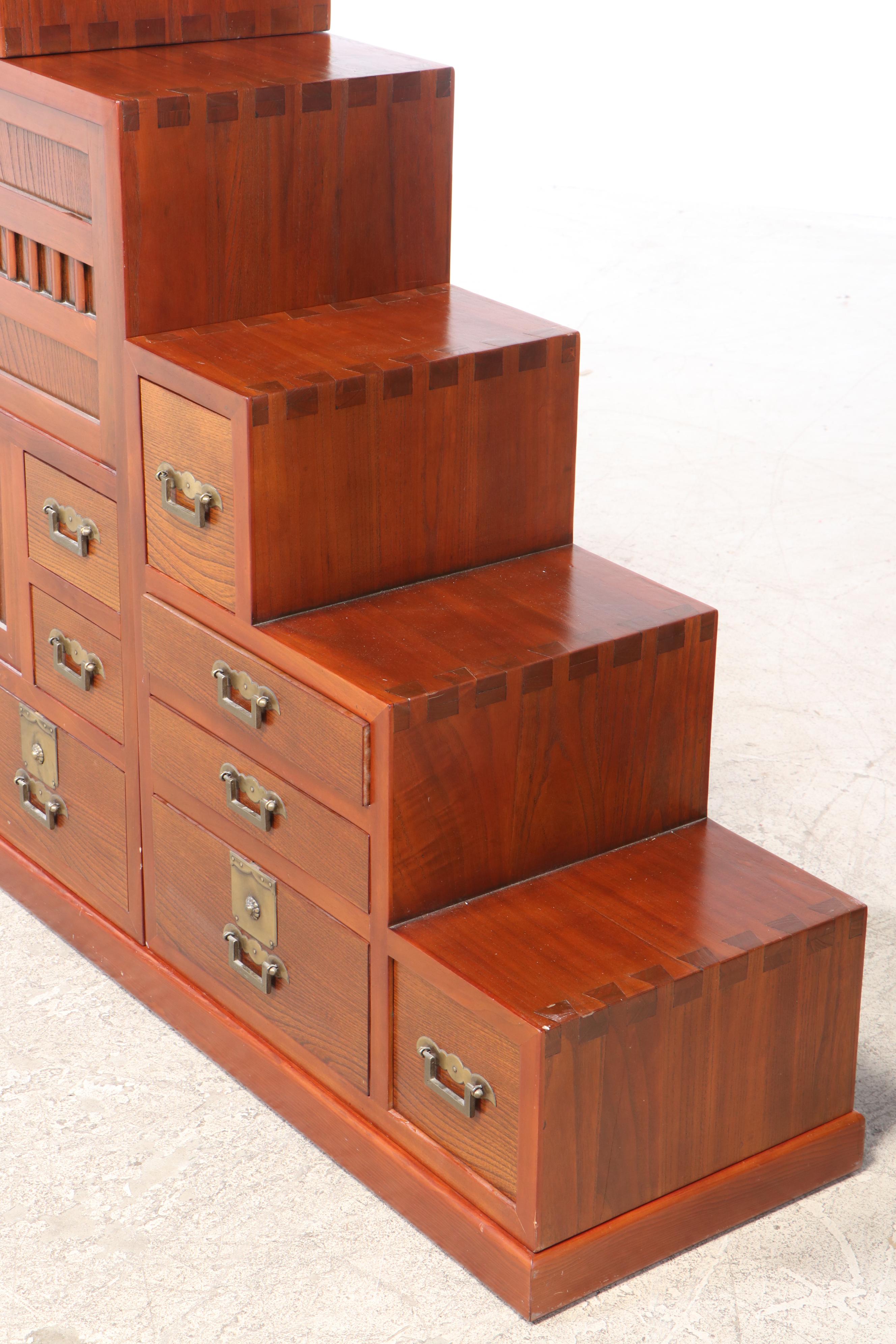 Four-Piece Japanese Elm Stepped Tansu Chest