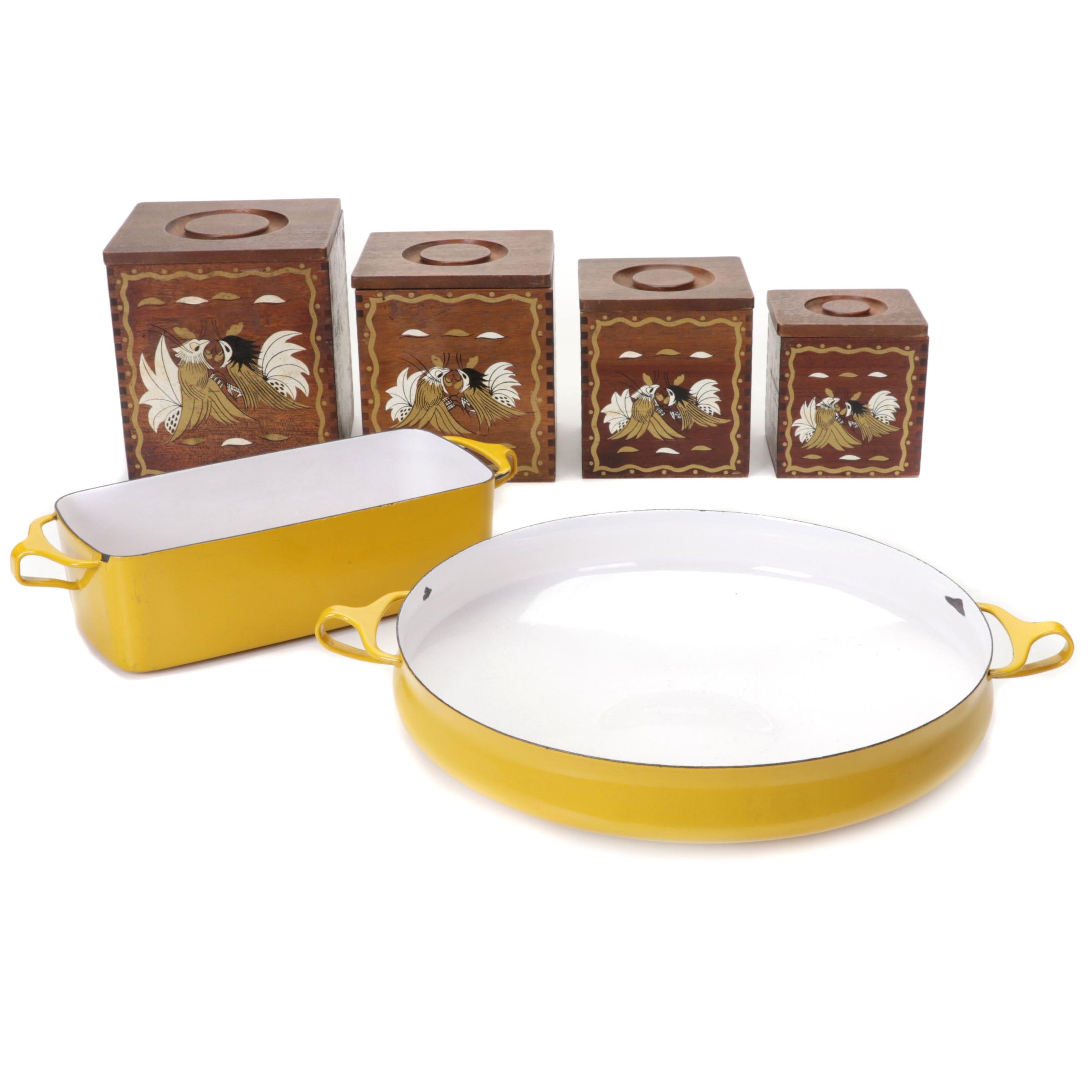 Dansk Enamel Paella and Loaf Pan with Japanese Wooden Rooster Nesting Boxes