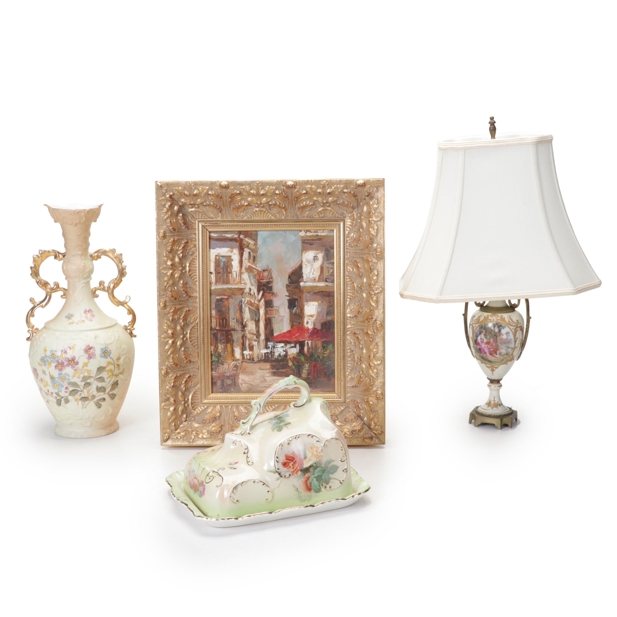 Rudolstadt Strauss & Söhne Porcelain Vase, Lamp, Cheese Keeper, Painting