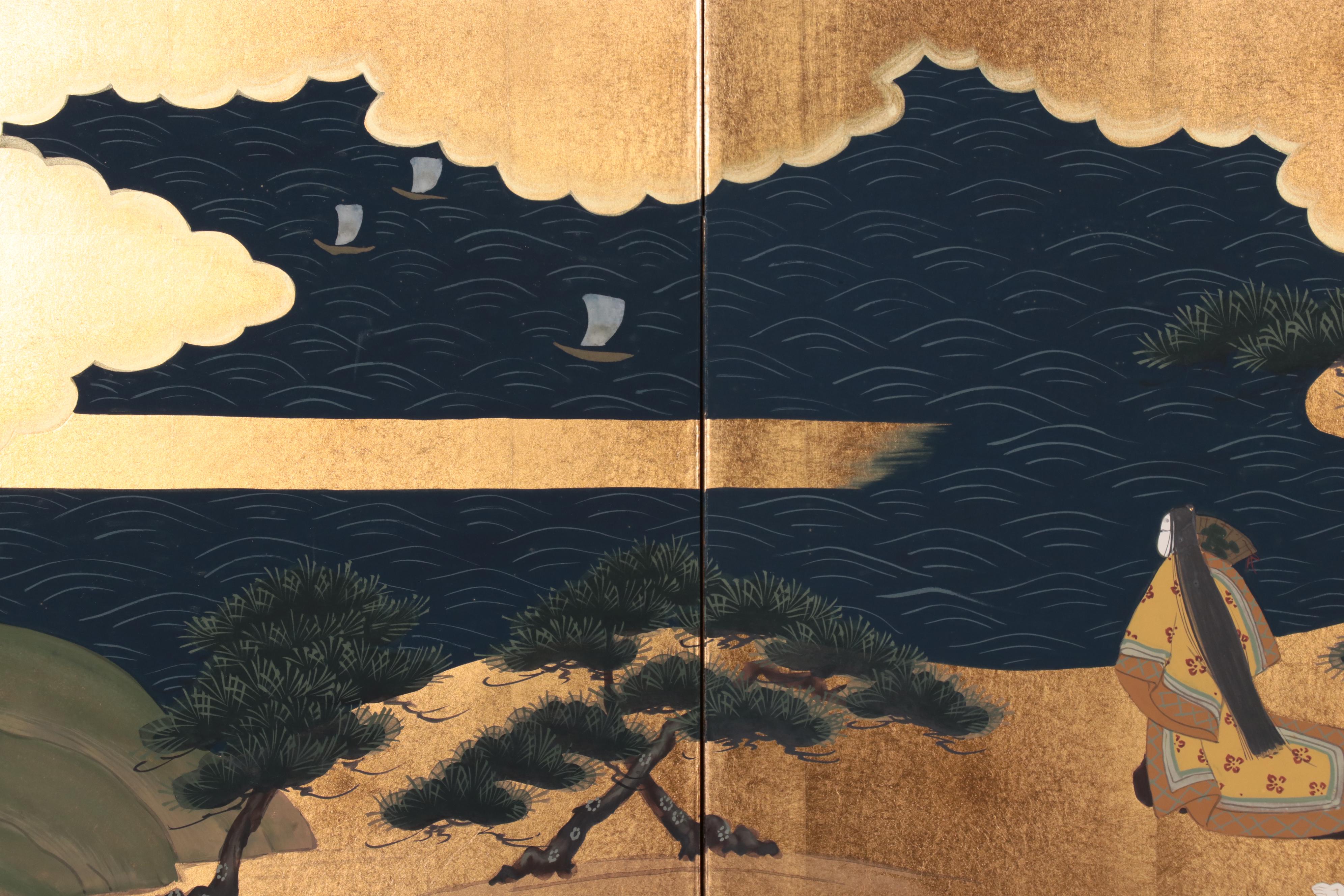 Japanese Hand-Painted Narrative Folding Screen