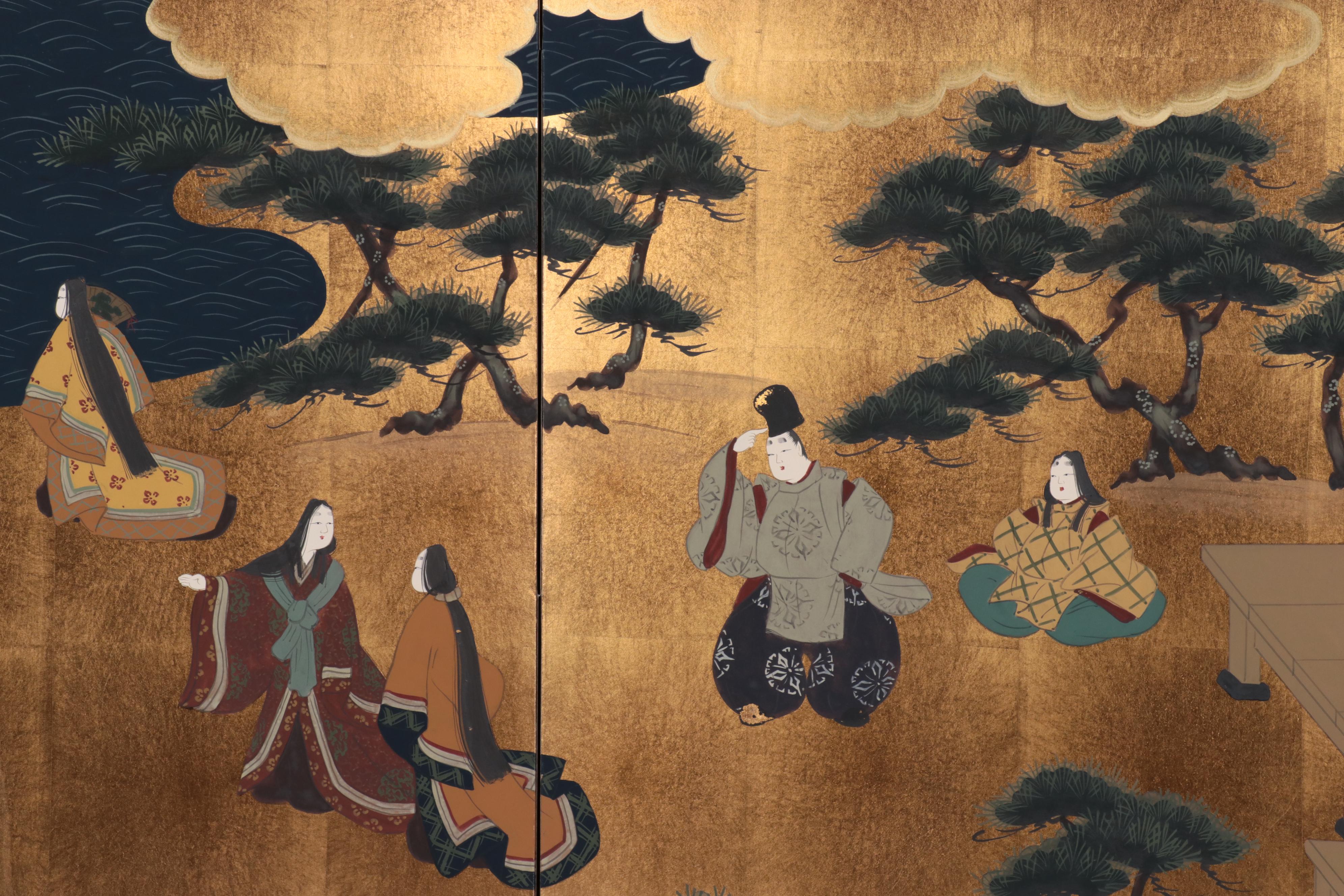 Japanese Hand-Painted Narrative Folding Screen