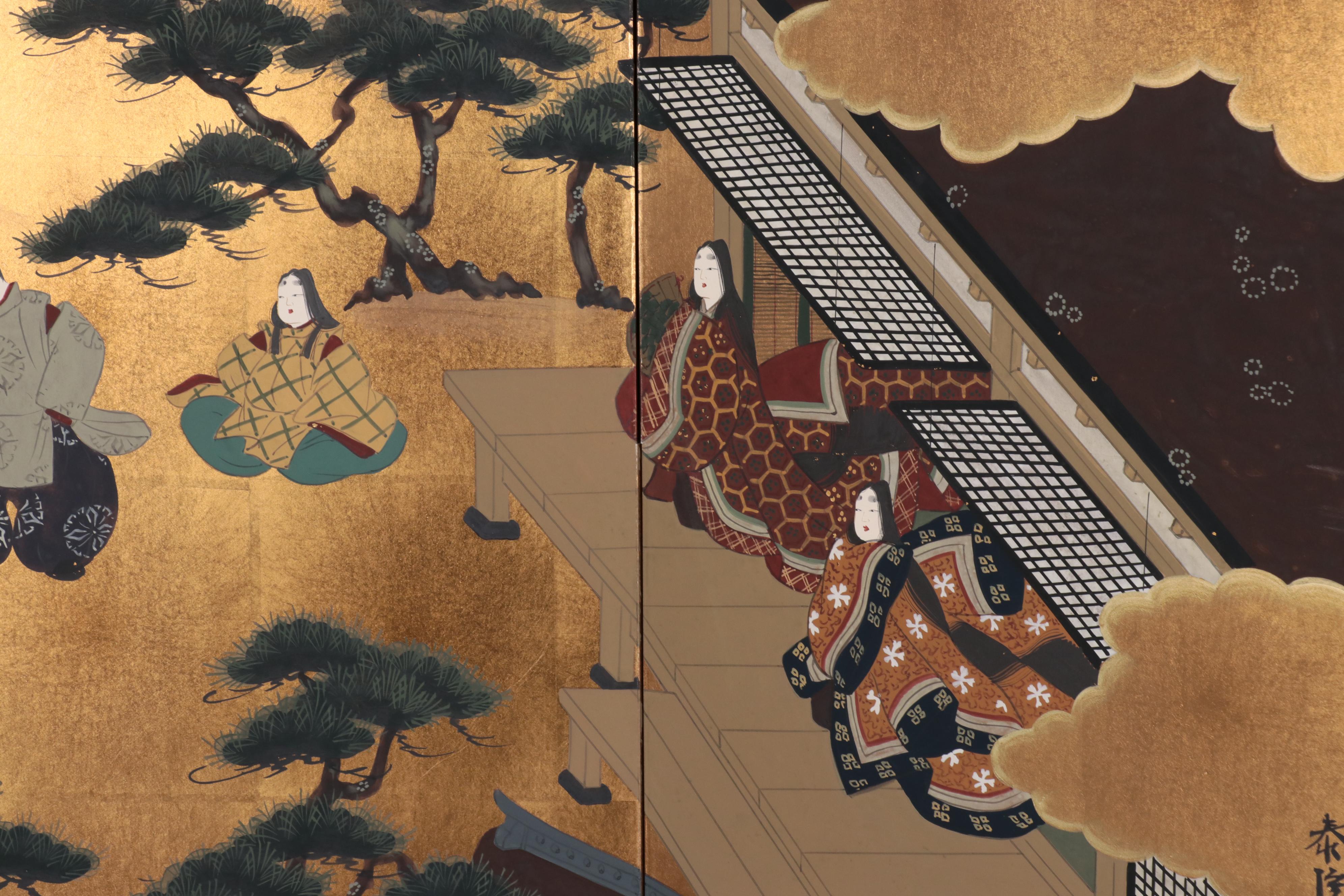 Japanese Hand-Painted Narrative Folding Screen