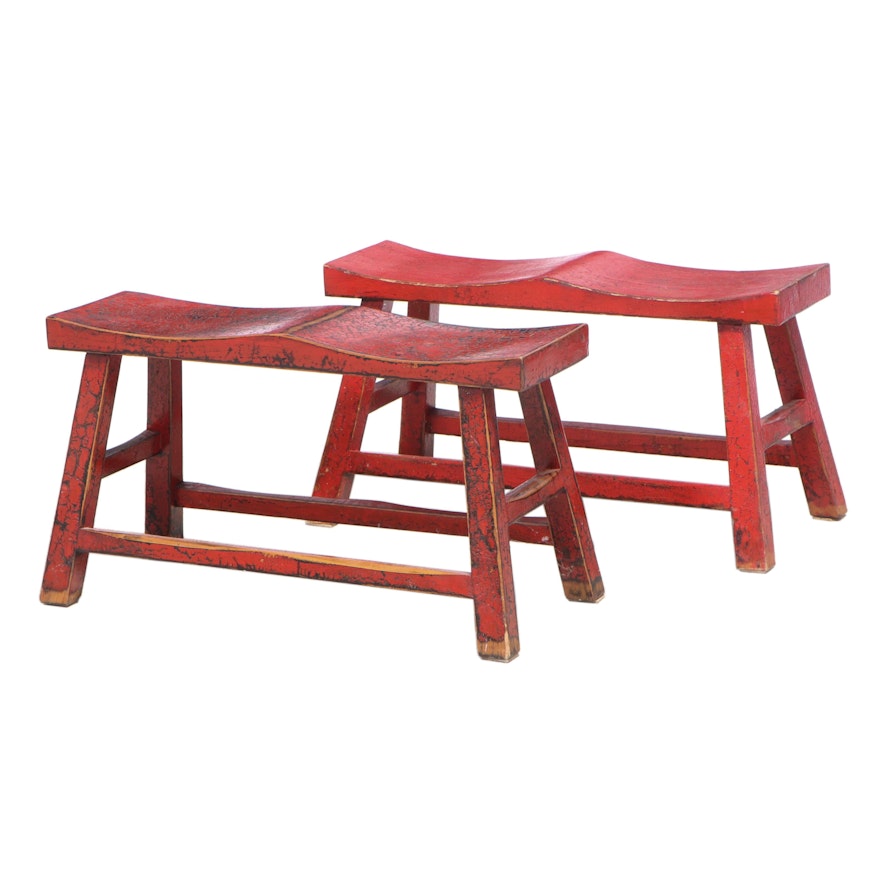 Two Chinese Red-Lacquered Benches