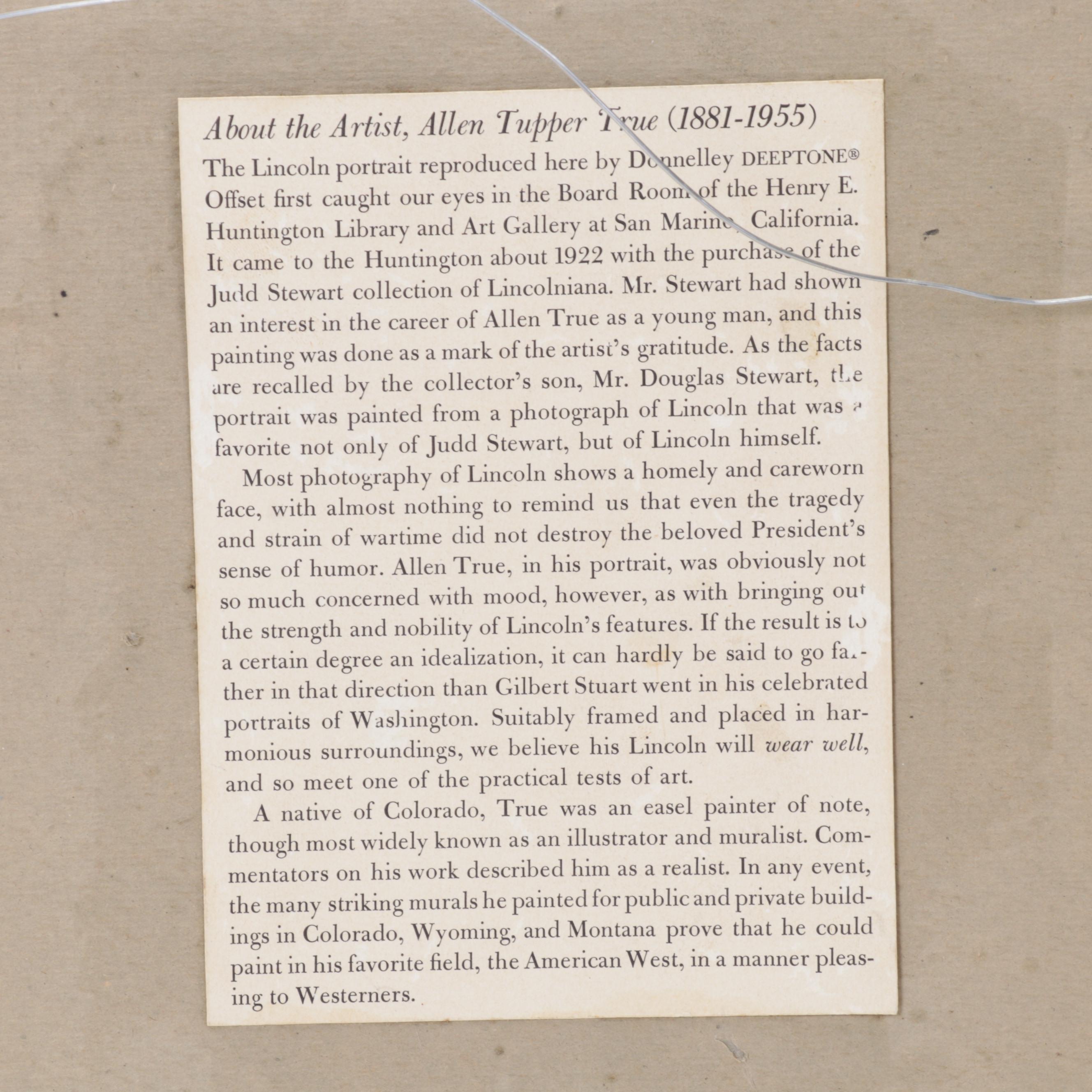 Offset Lithograph After Allen Tupper True "Abraham Lincoln," Late 20th Century