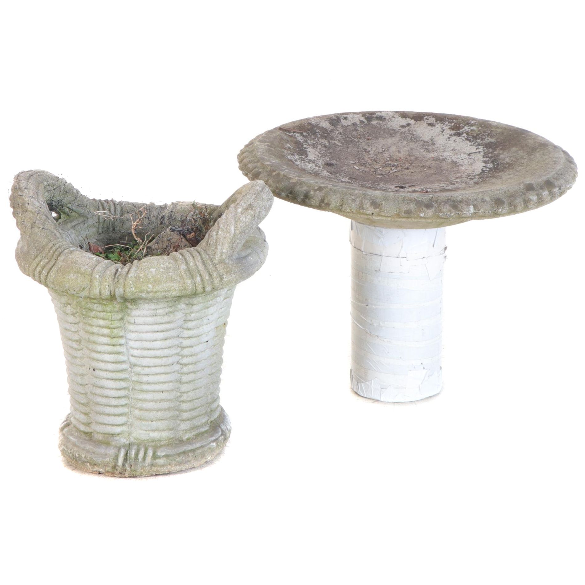 Cast Concrete Basket Form Outdoor Planter with Bird Bath