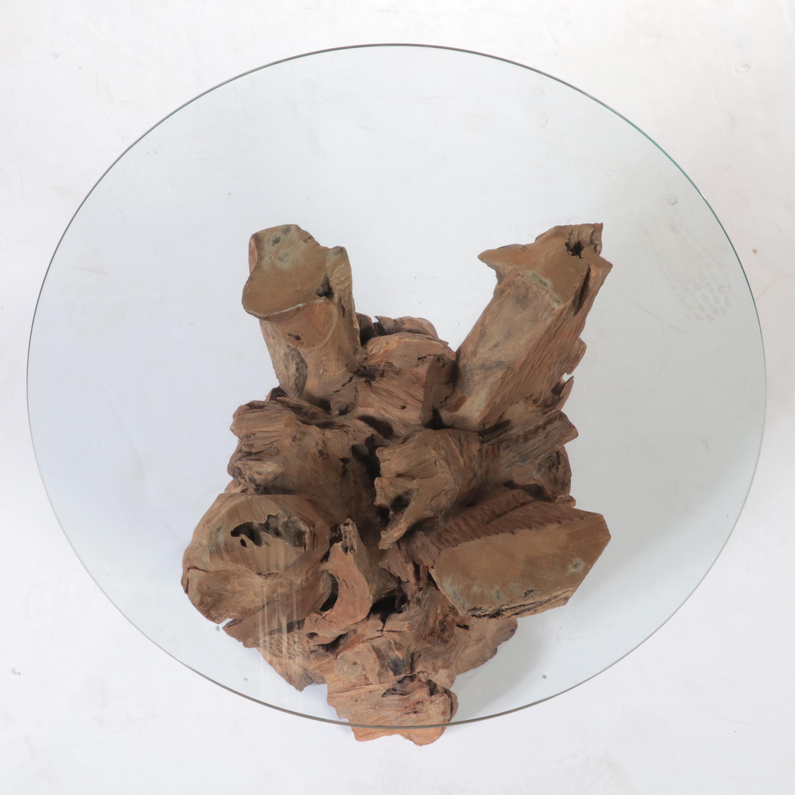 Crate & Barrel Driftwood and Glass Top  Side Table