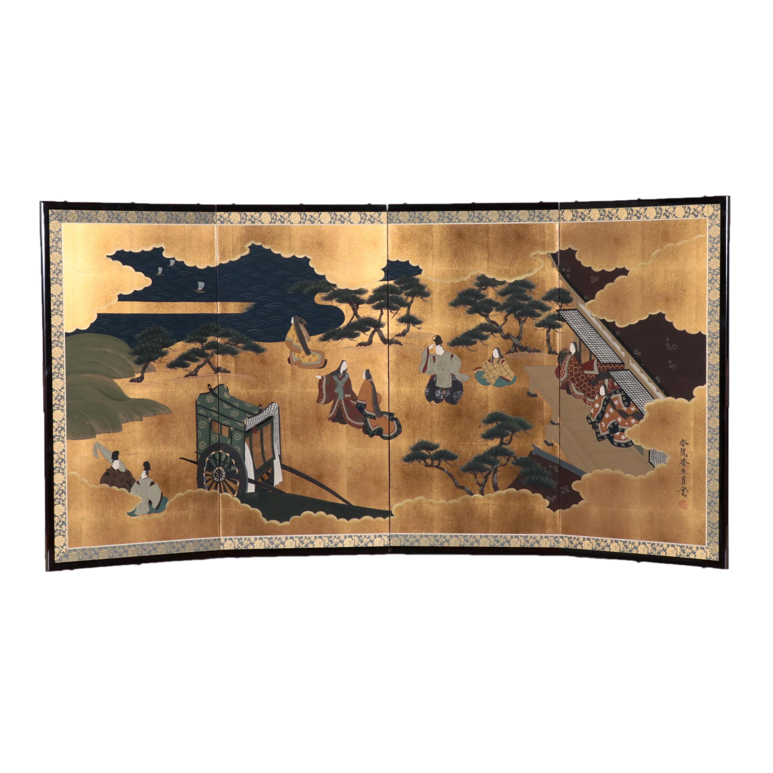 Japanese Hand-Painted Narrative Folding Screen