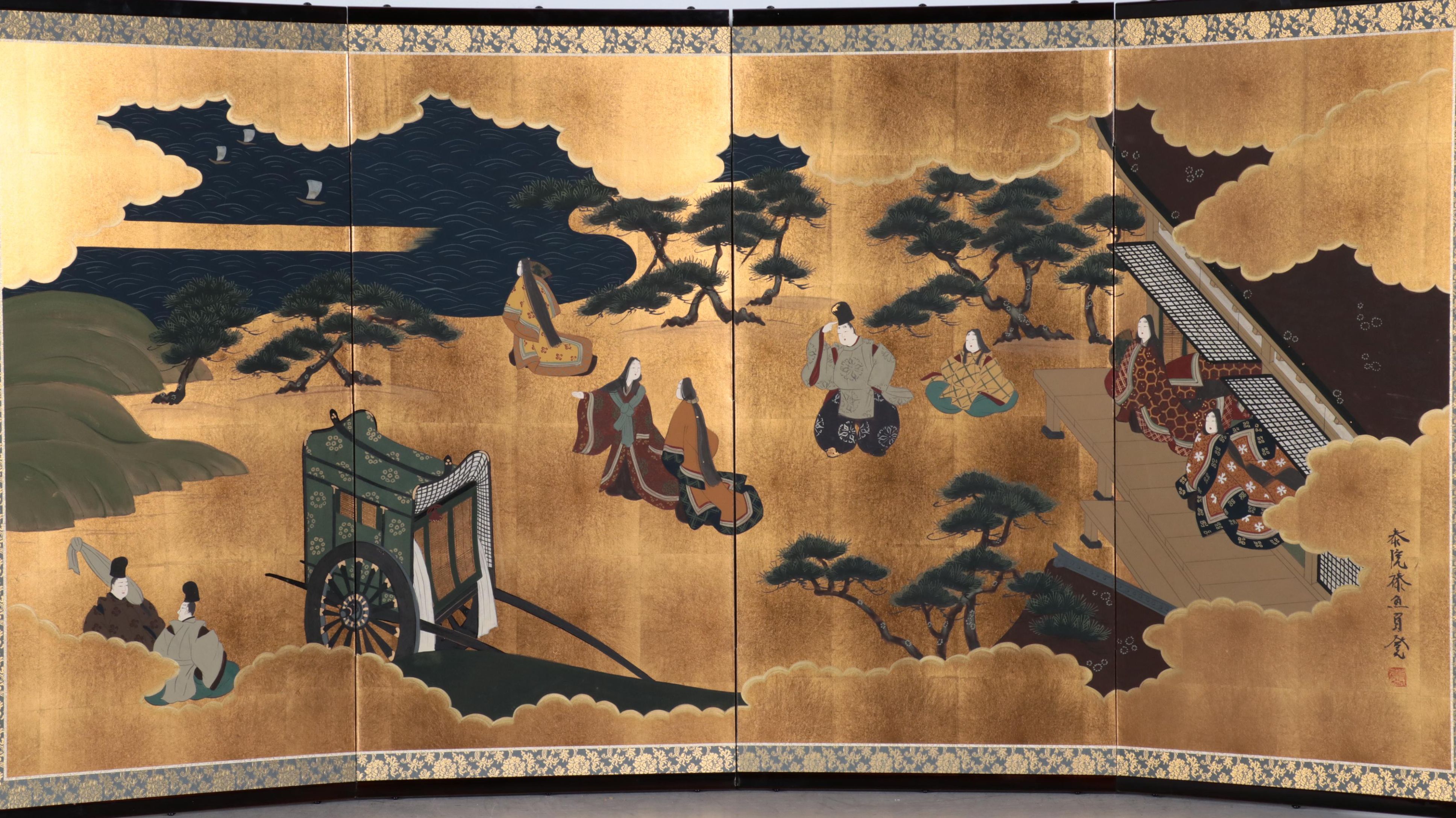 Japanese Hand-Painted Narrative Folding Screen