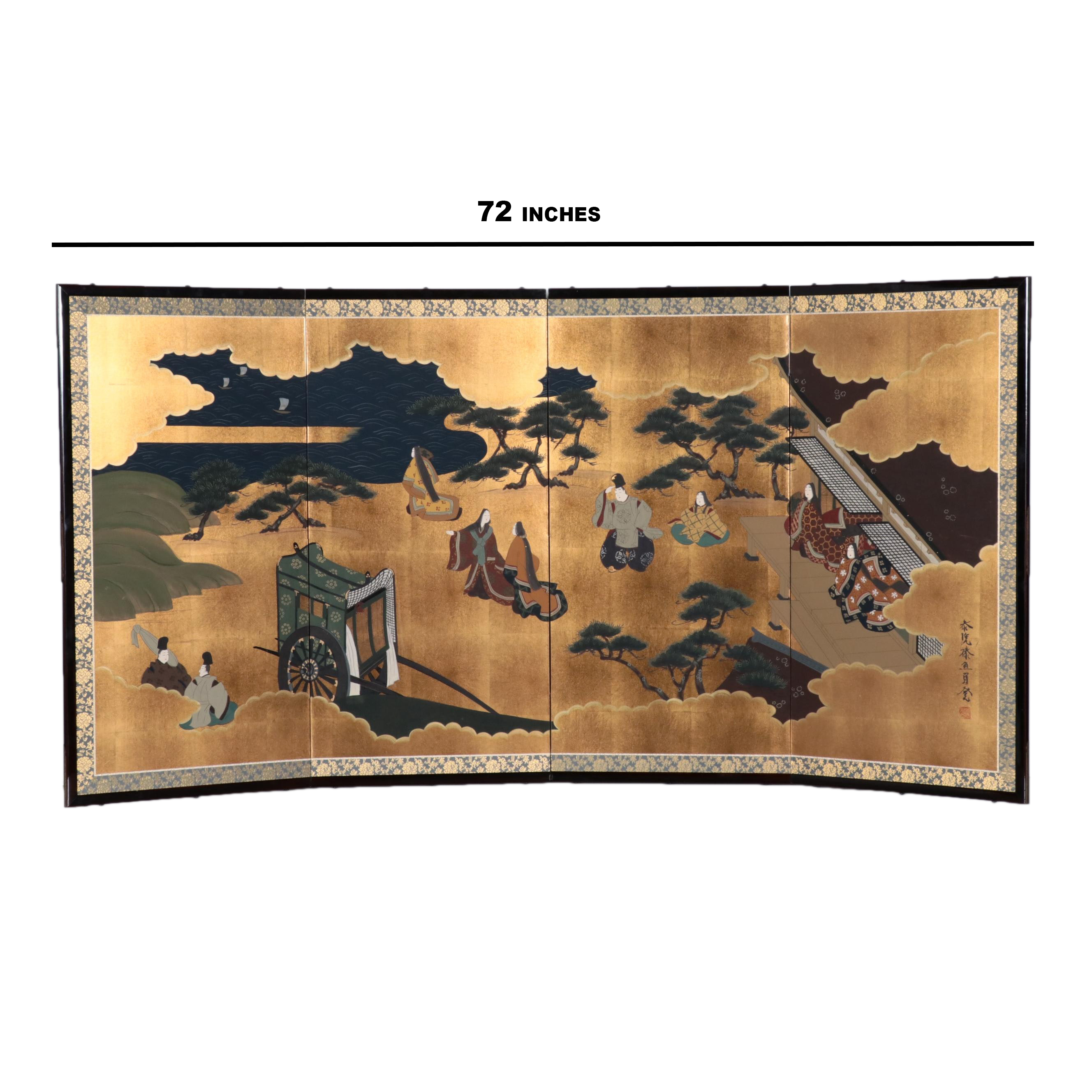 Japanese Hand-Painted Narrative Folding Screen