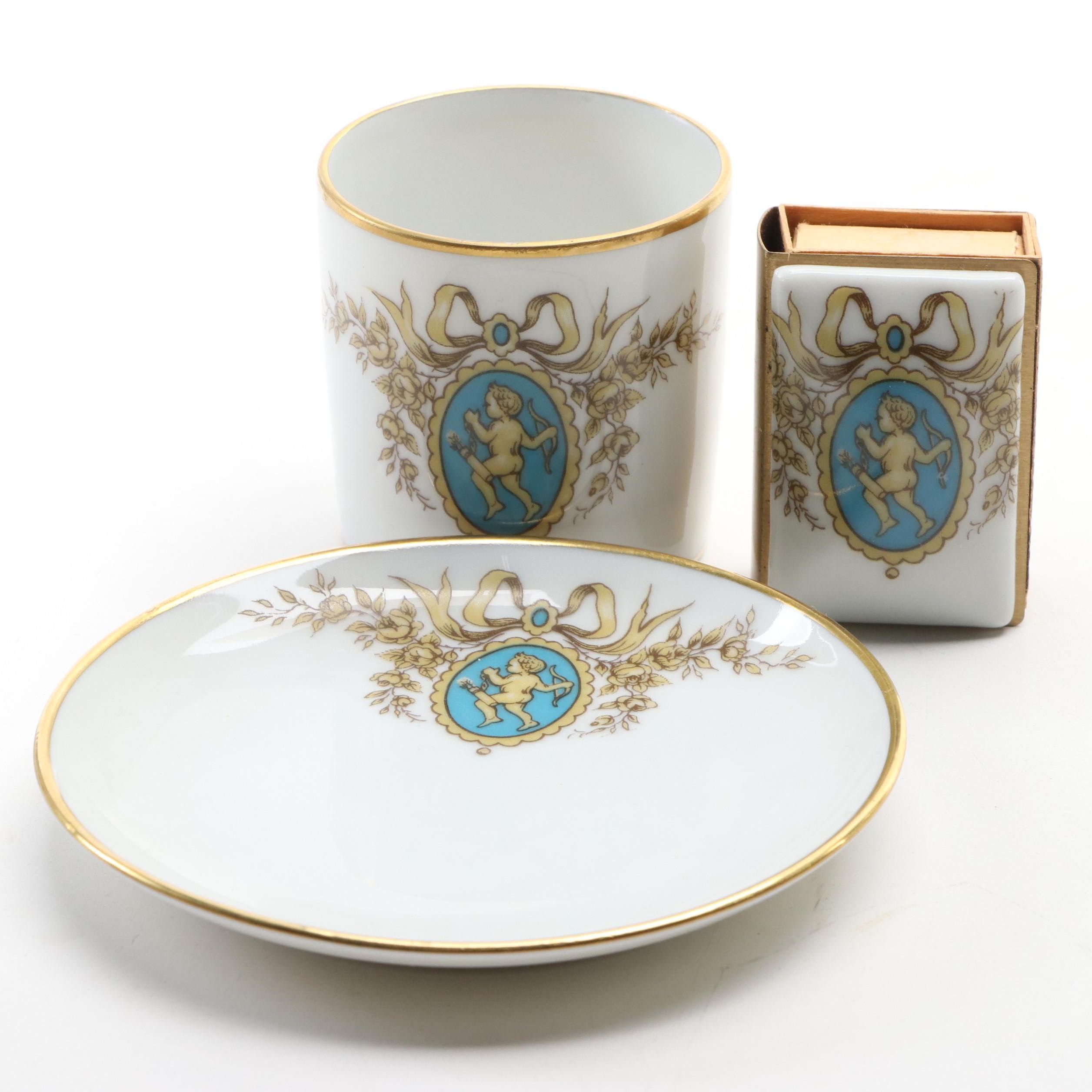 Fontanille Marraud Limoges Cherub Porcelain Cigarette Set with Matchbook Cover