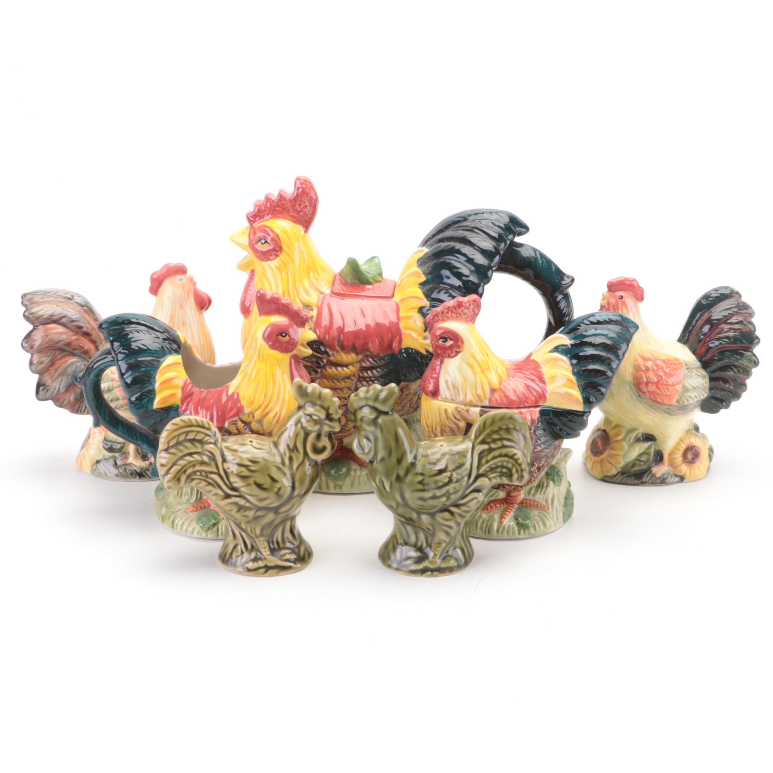 Ceramic Rooster Teapot Set with Other Tableware