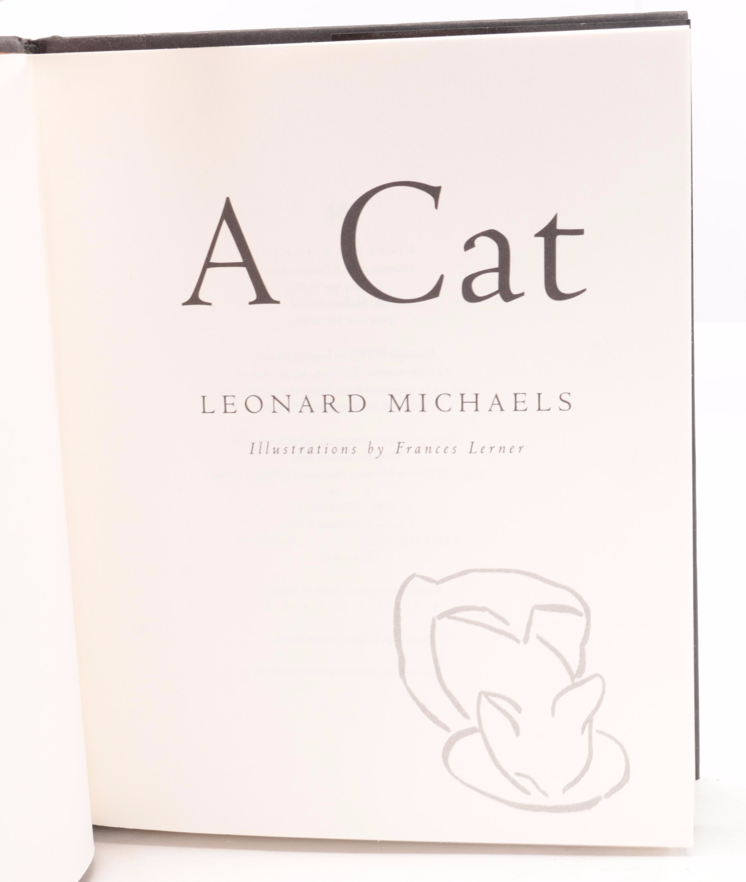 Plaster Cast Sculpture of Cat and Illustration Book "A Cat" by Leonard Michaels