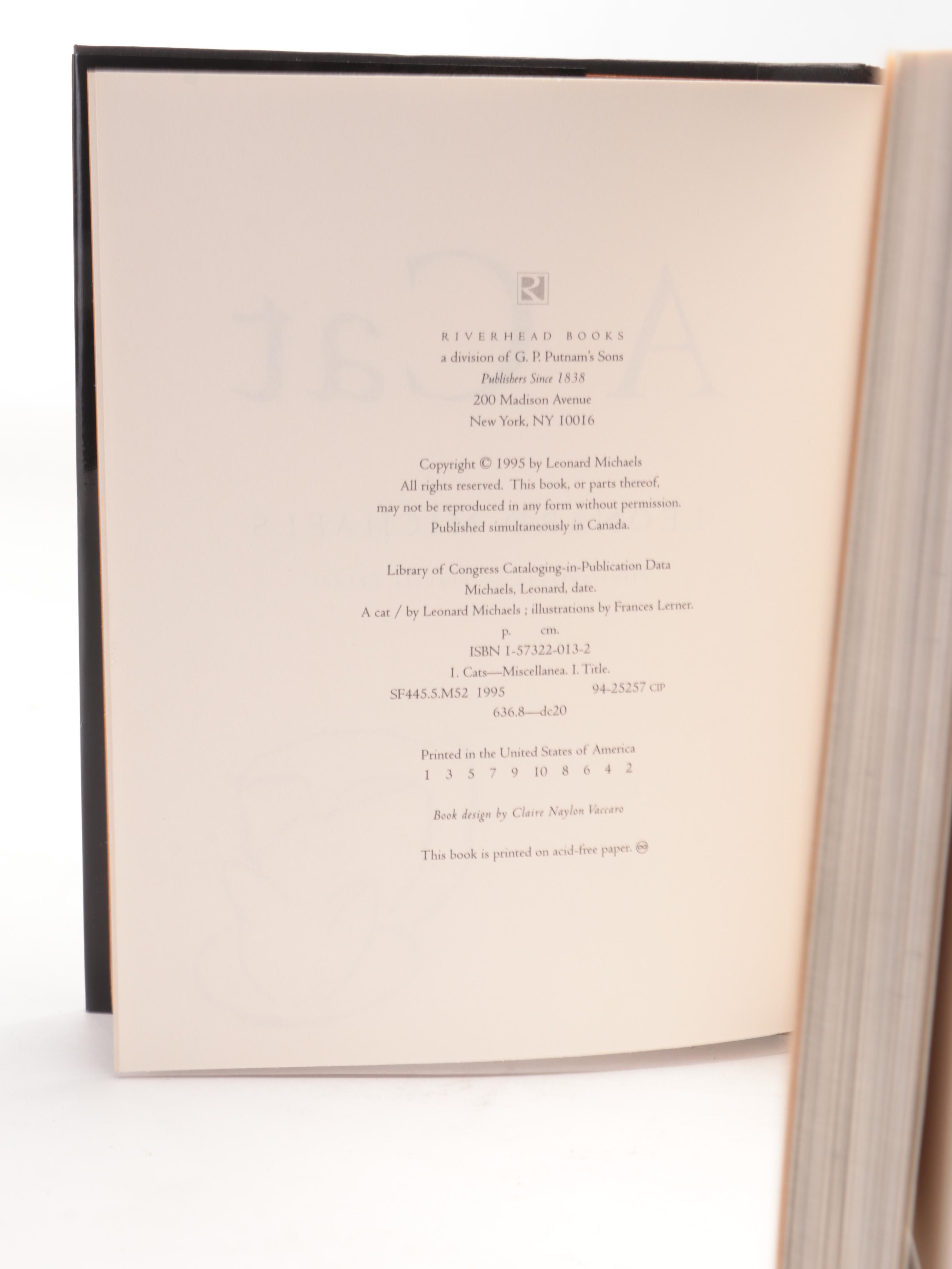 Plaster Cast Sculpture of Cat and Illustration Book "A Cat" by Leonard Michaels