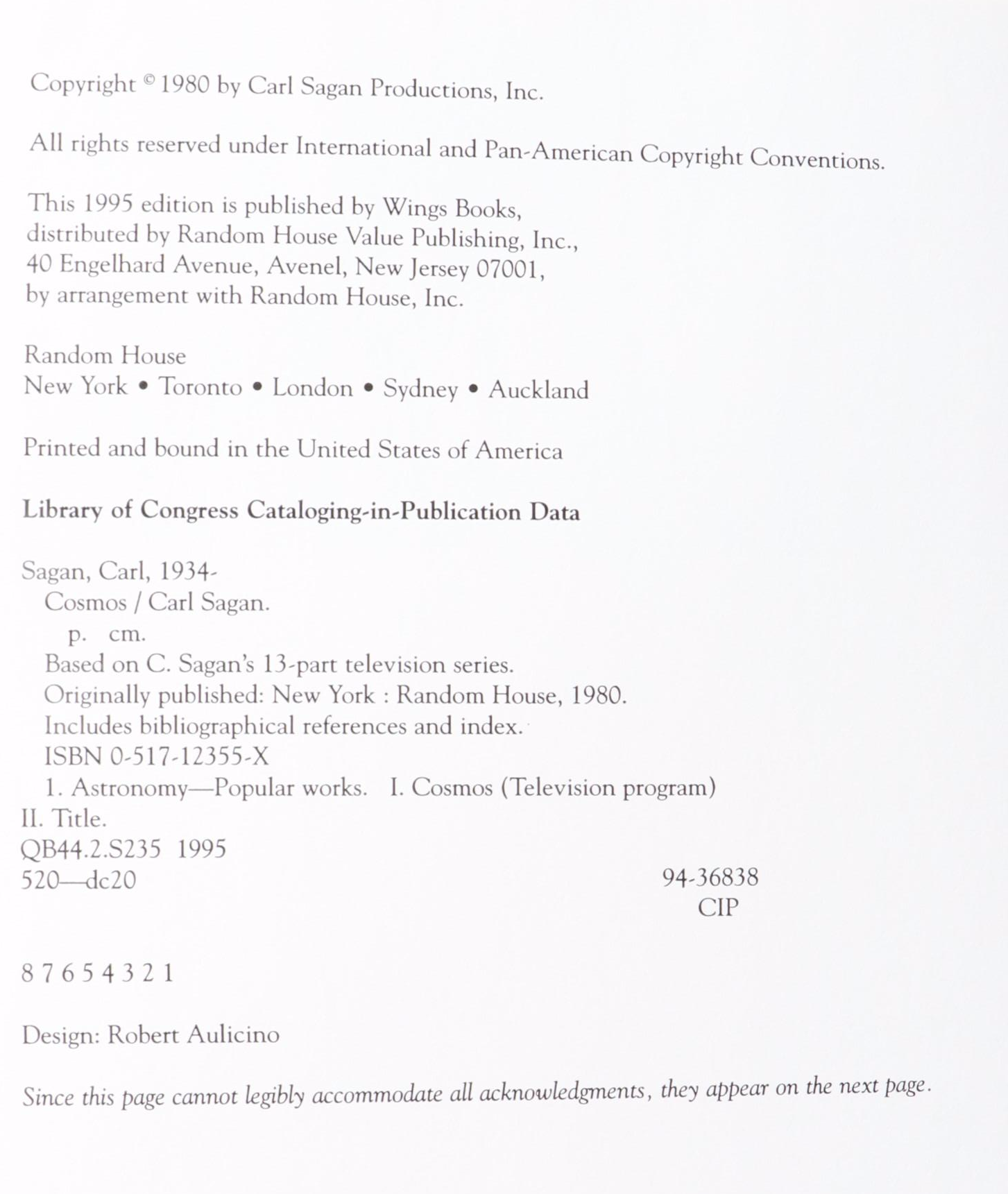 First Edition Thus "Cosmos" by Carl Sagan, 1995