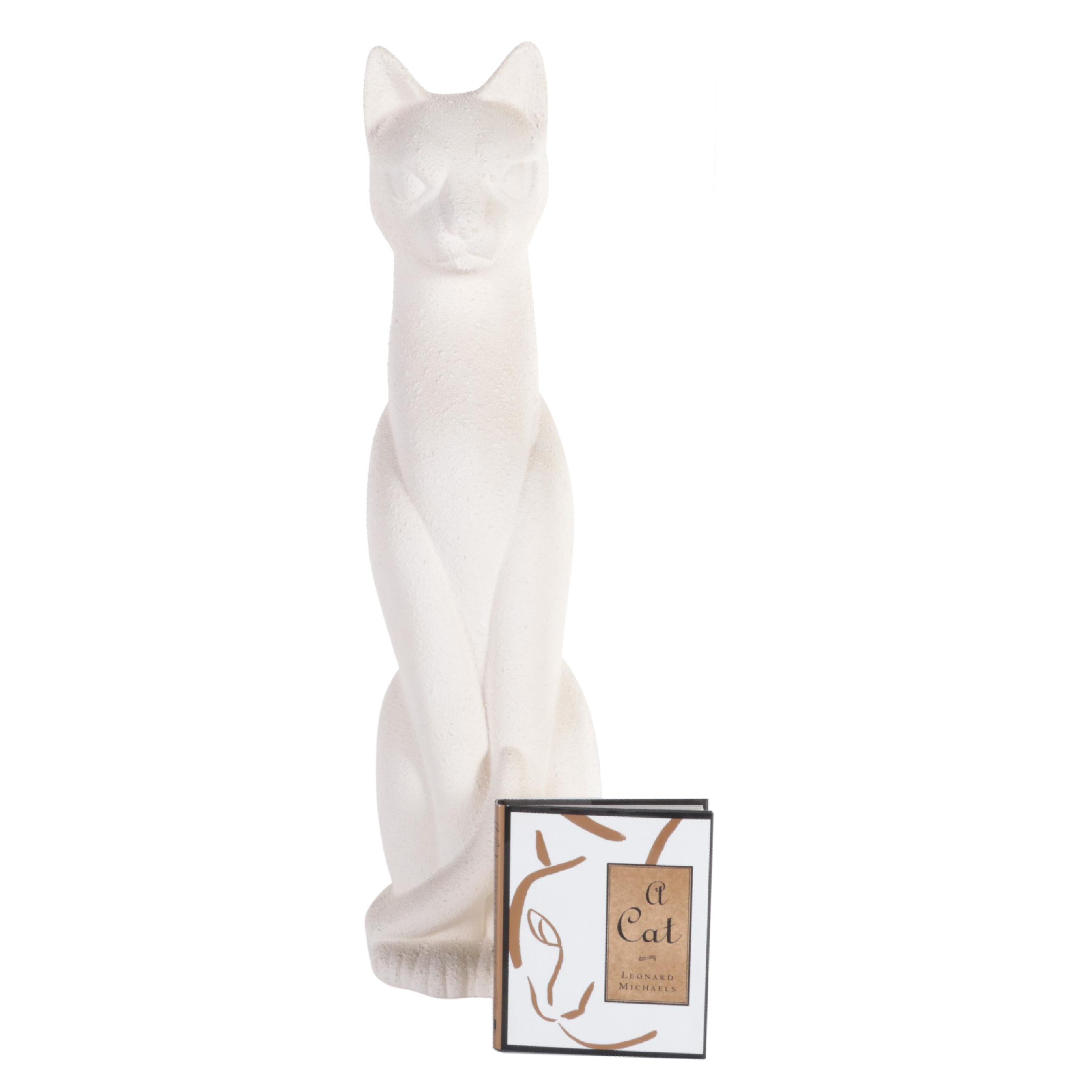 Plaster Cast Sculpture of Cat and Illustration Book "A Cat" by Leonard Michaels