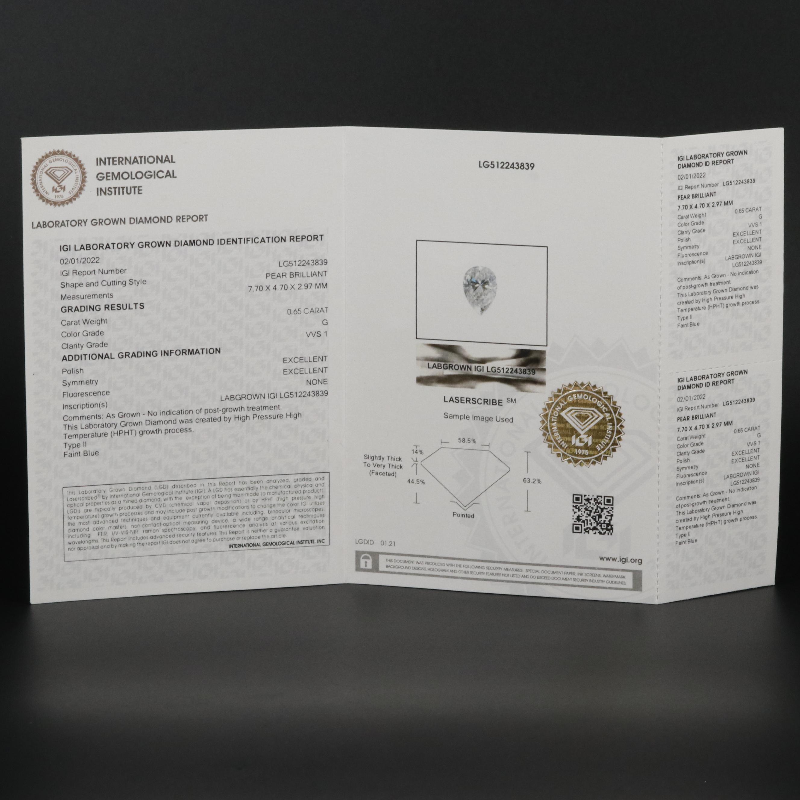 Loose 0.65 CT Lab Grown Diamond with IGI Report