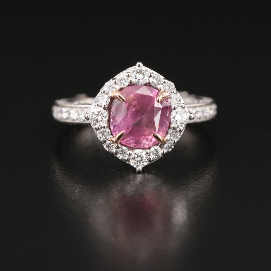 Platinum 2.14 CT Padparadscha Sapphire and Diamond Ring with GIA Report