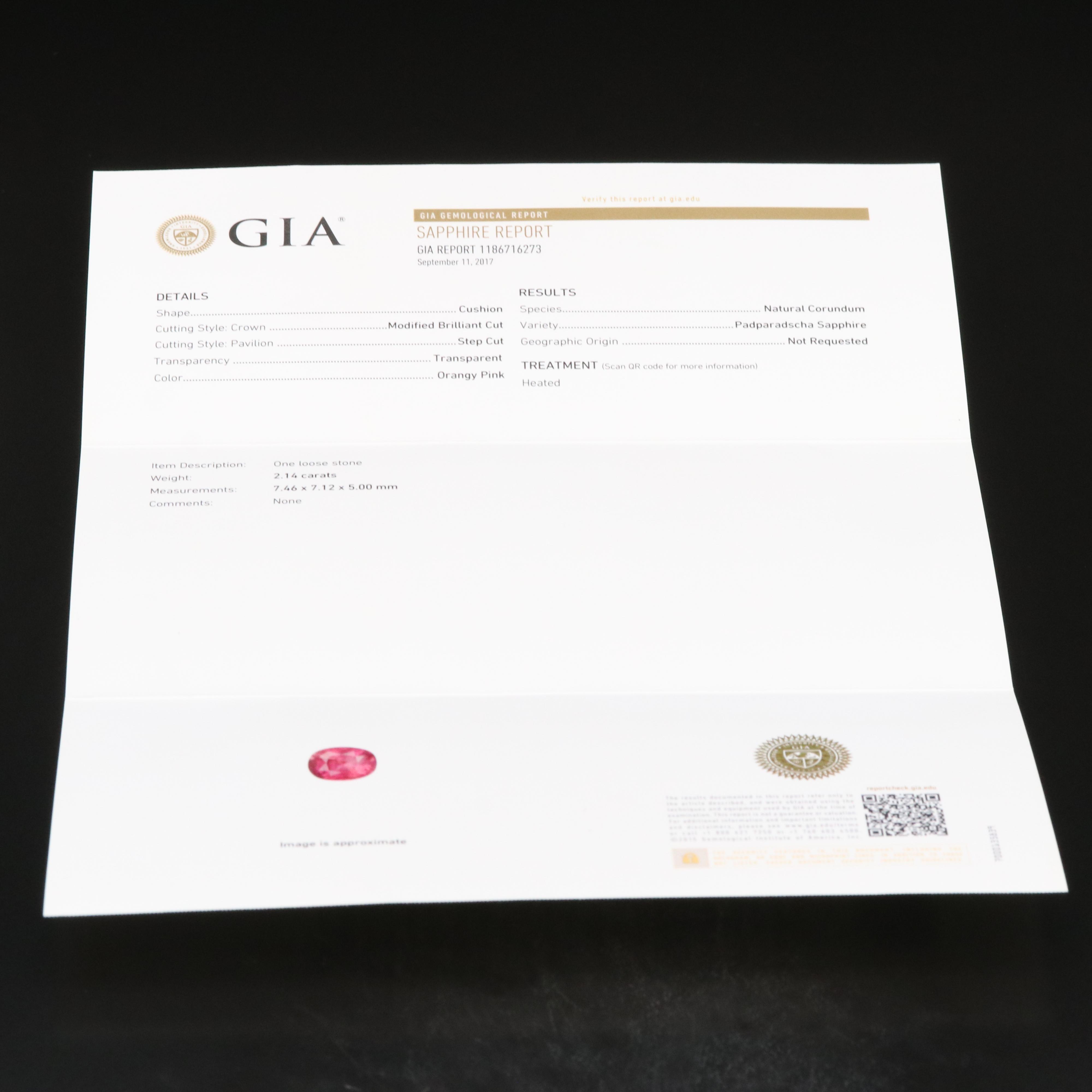 Platinum 2.14 CT Padparadscha Sapphire and Diamond Ring with GIA Report