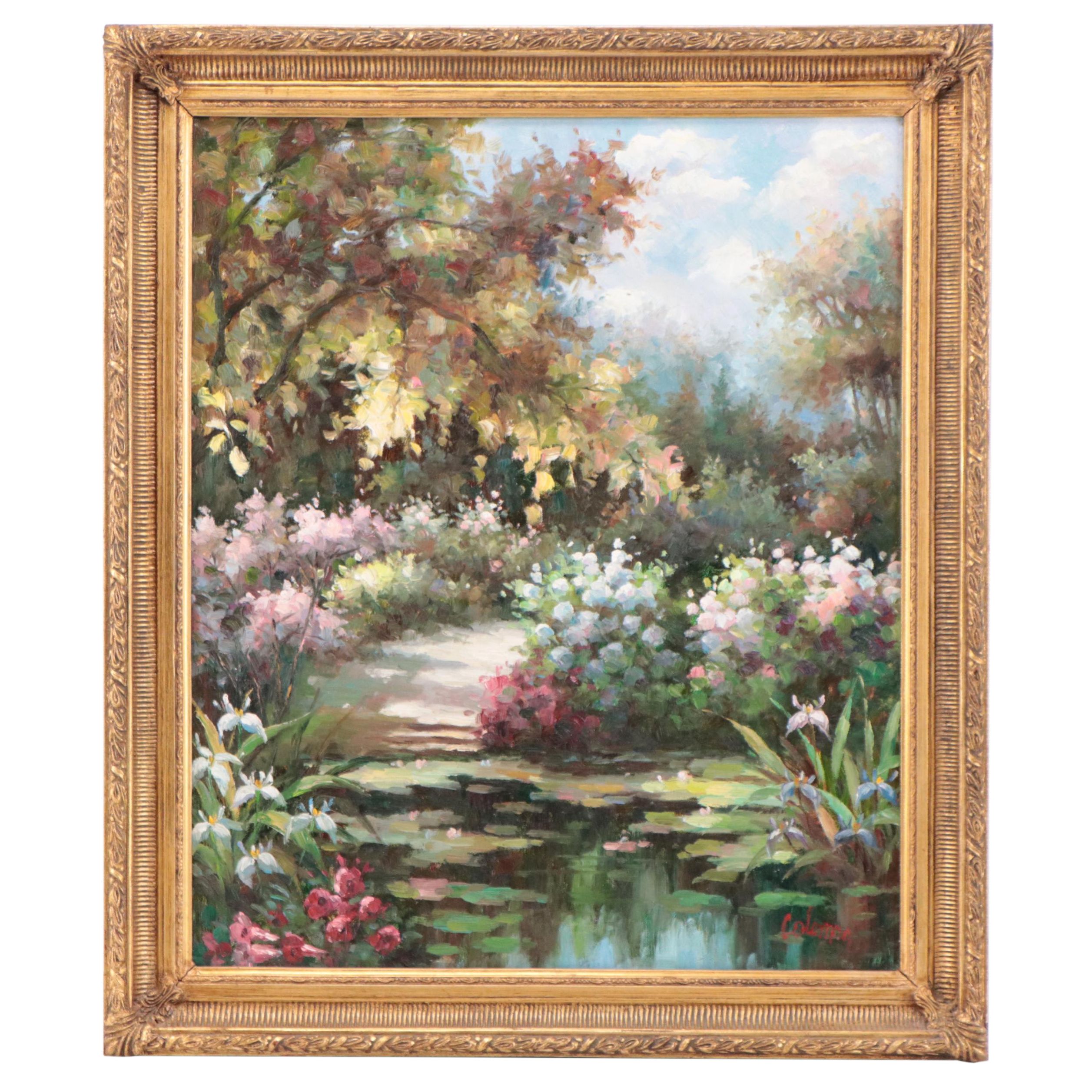 Coleman Landscape Oil Painting of Garden, Late 20th Century