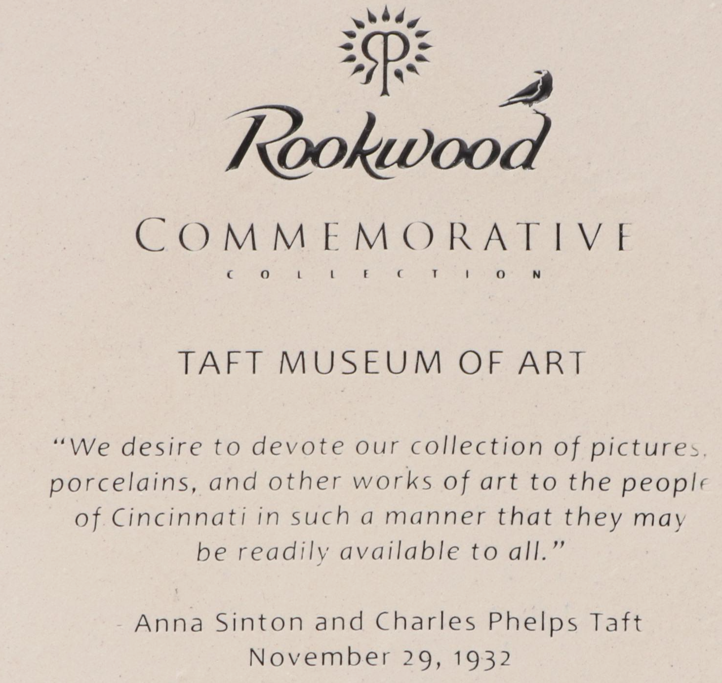 Rookwood Pottery First Edition "Taft Museum of Art" Glazed Ceramic Tile, 2012
