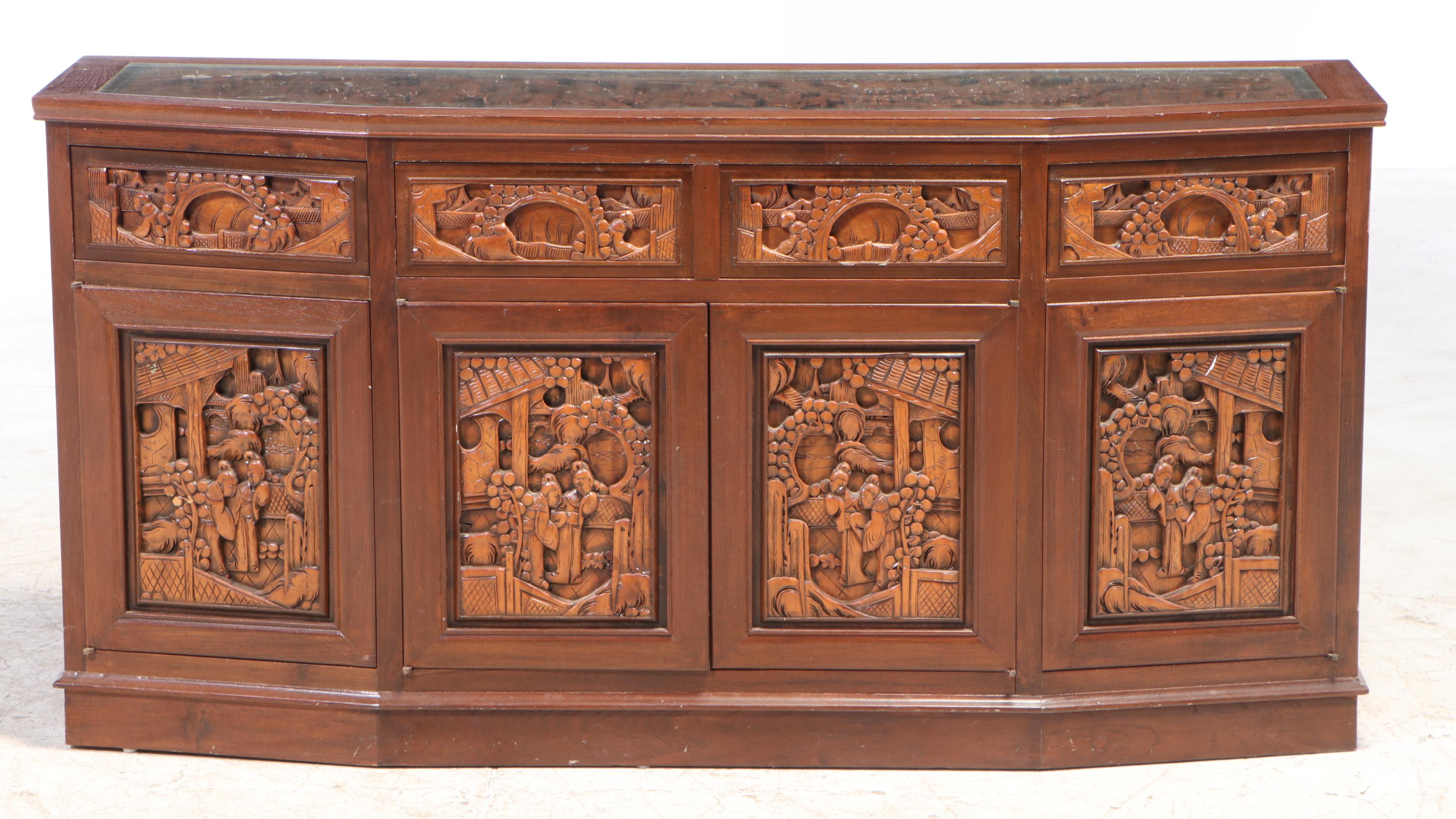 East Asian Carved Panel Buffet with Inset Glass Top