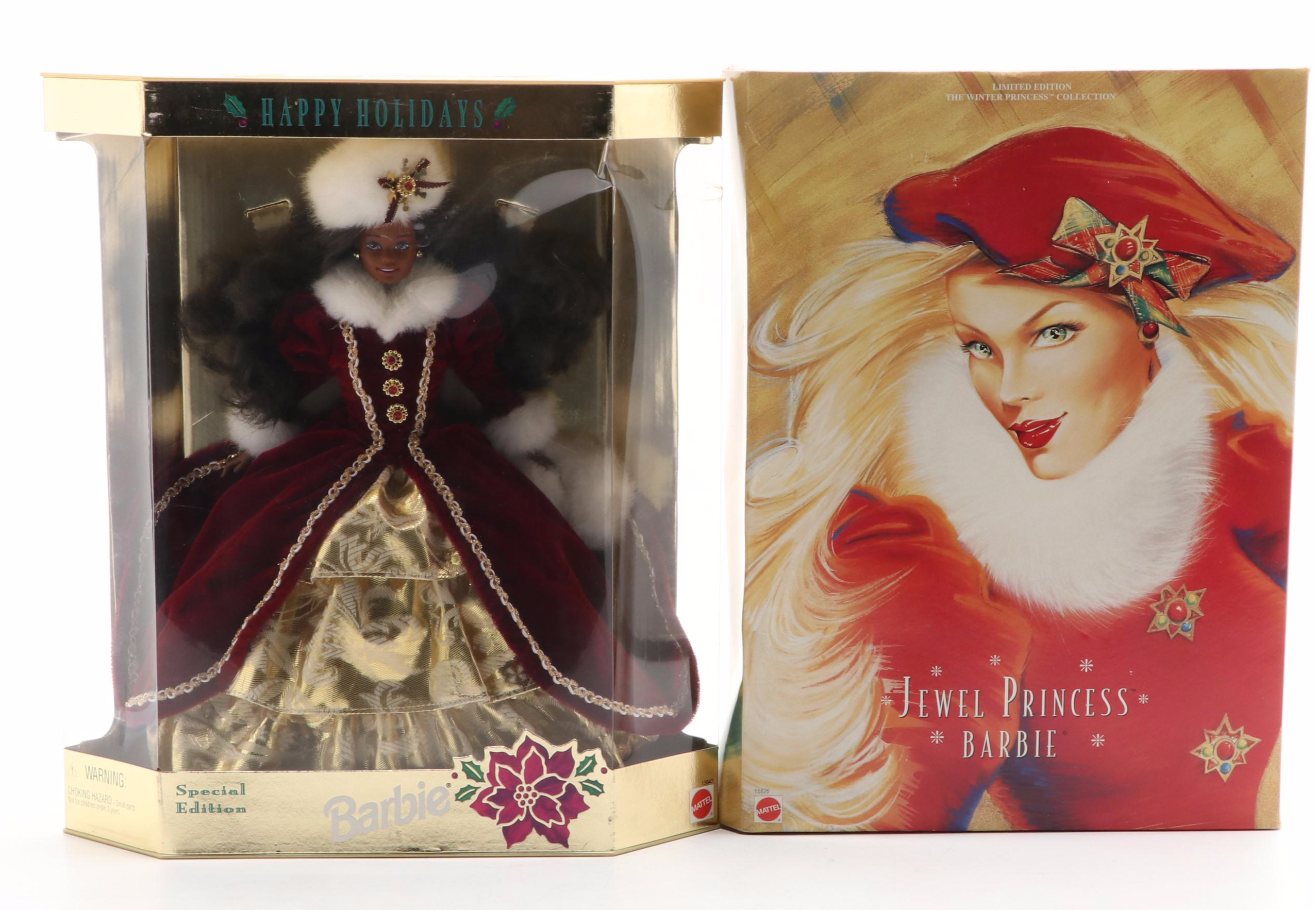 Mattel Special Edition Happy Holidays Barbie Dolls with Jewel Princess Barbie