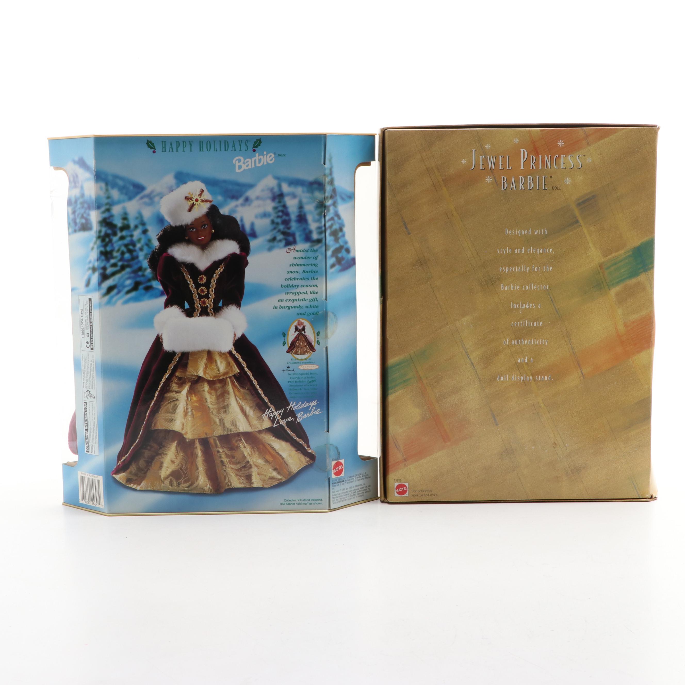 Mattel Special Edition Happy Holidays Barbie Dolls with Jewel Princess Barbie