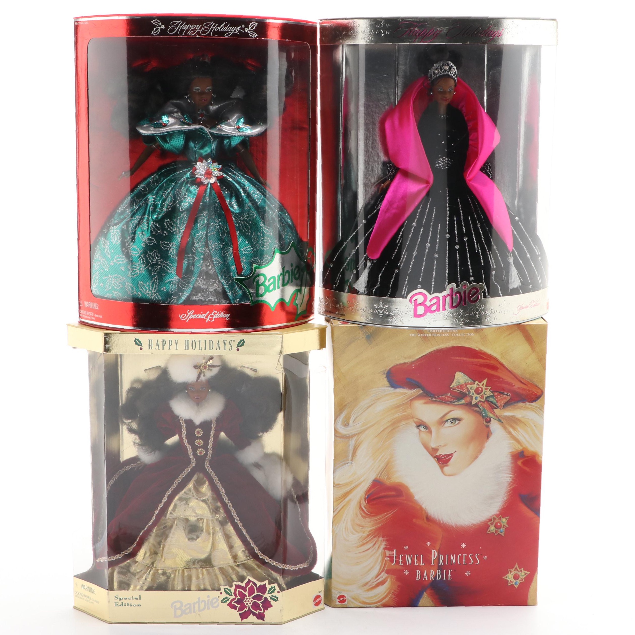 Mattel Special Edition Happy Holidays Barbie Dolls with Jewel Princess Barbie