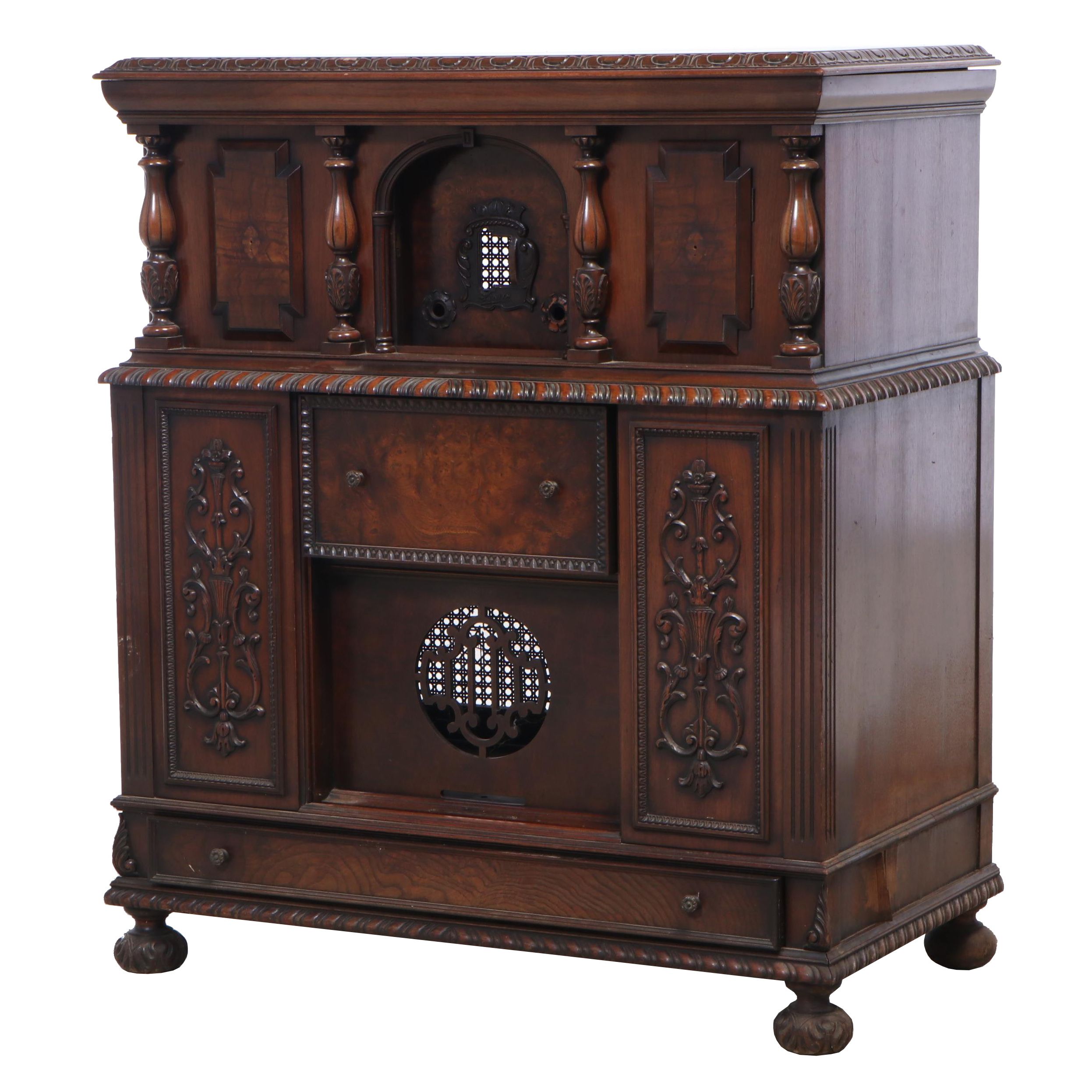 Jacobean Style Walnut Radio Cabinet, 1920s