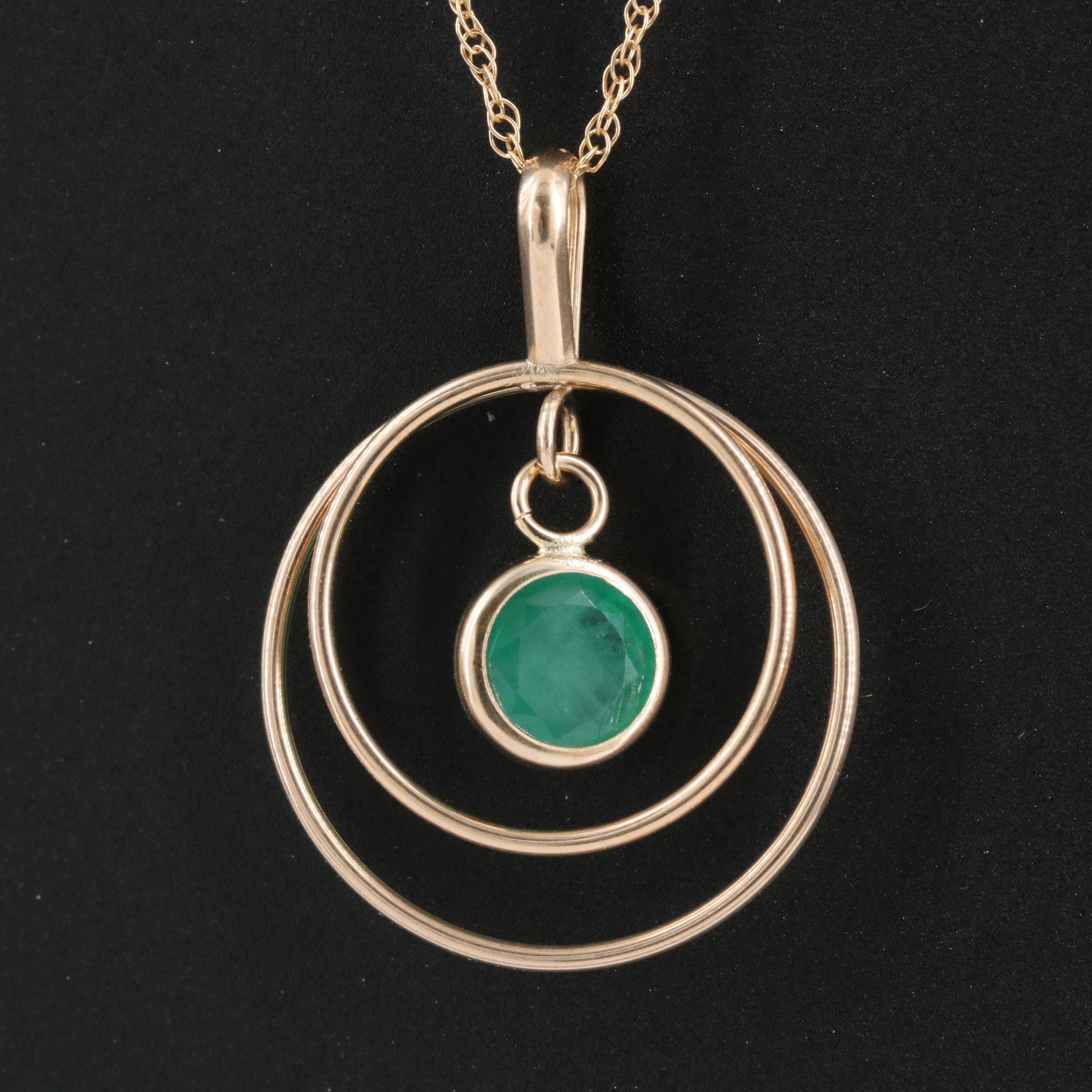 10K Concentric Pendant Necklace with Emerald Drop