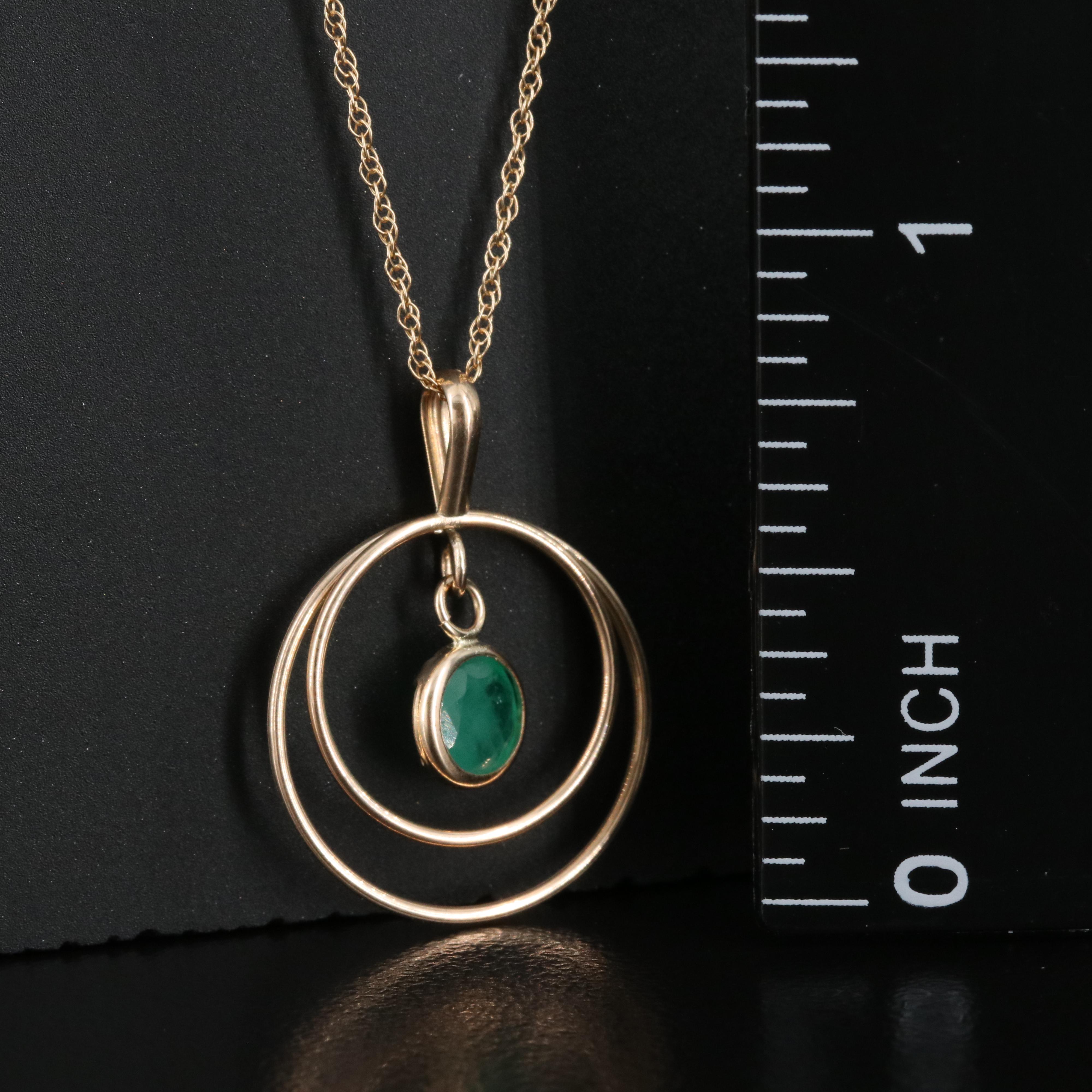 10K Concentric Pendant Necklace with Emerald Drop