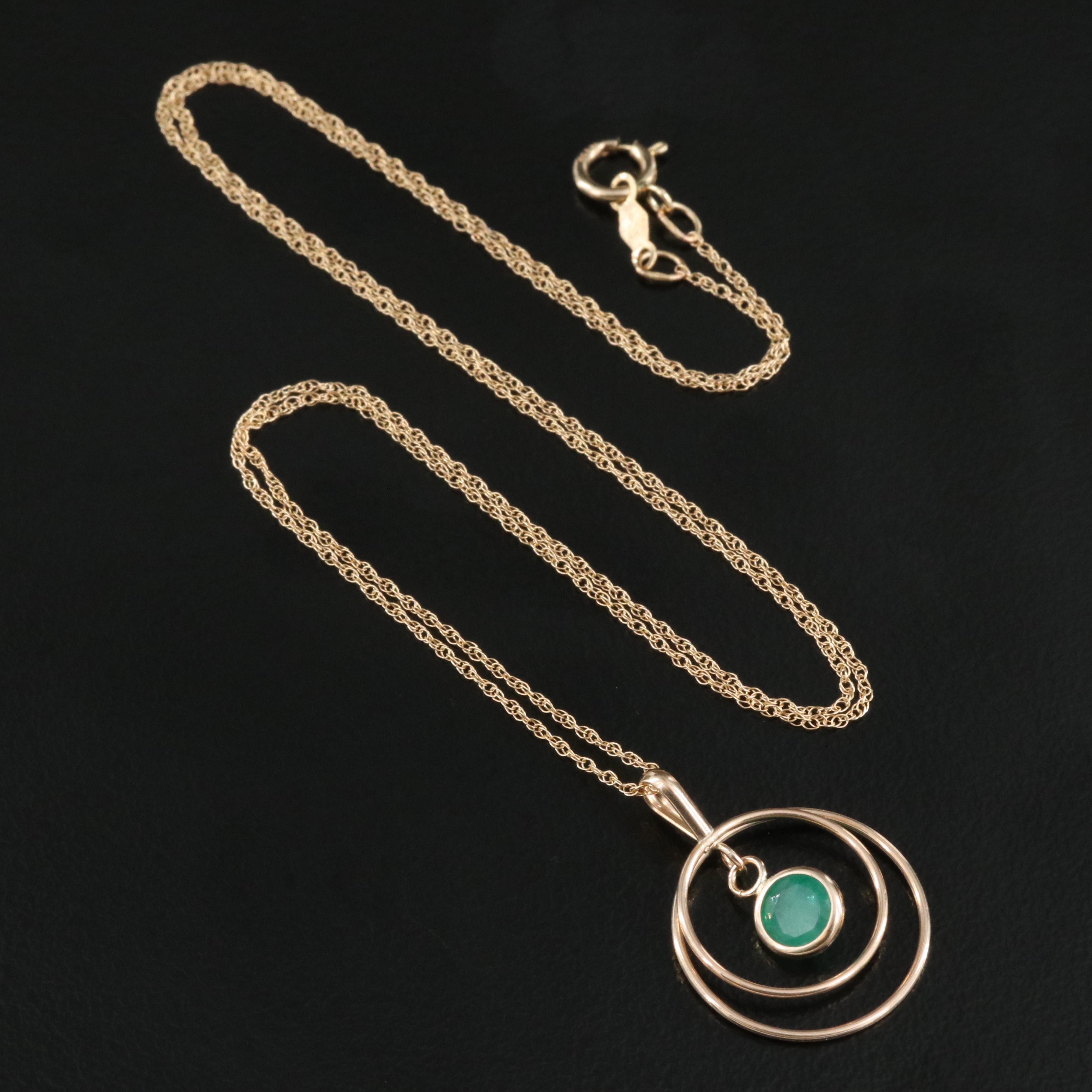 10K Concentric Pendant Necklace with Emerald Drop