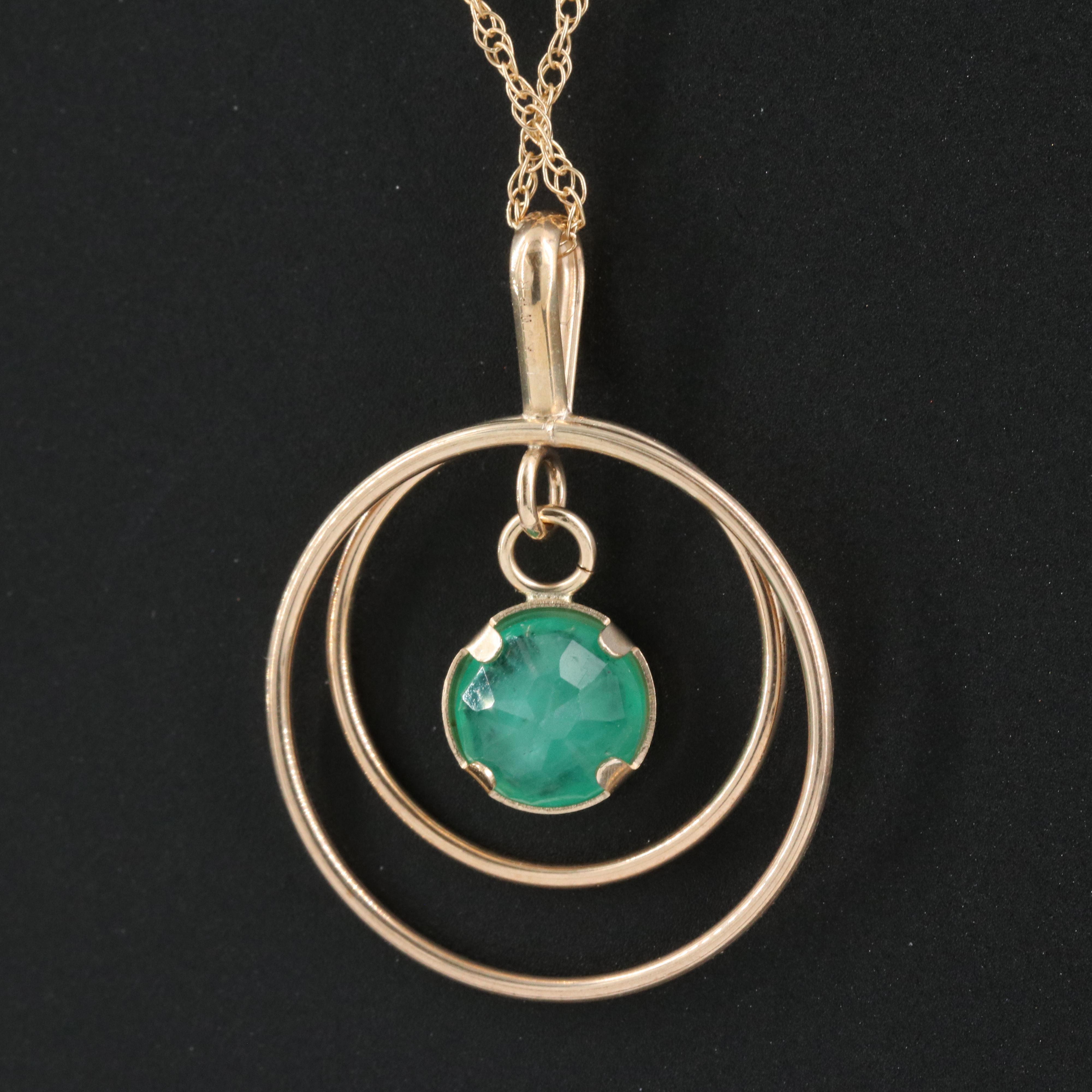 10K Concentric Pendant Necklace with Emerald Drop