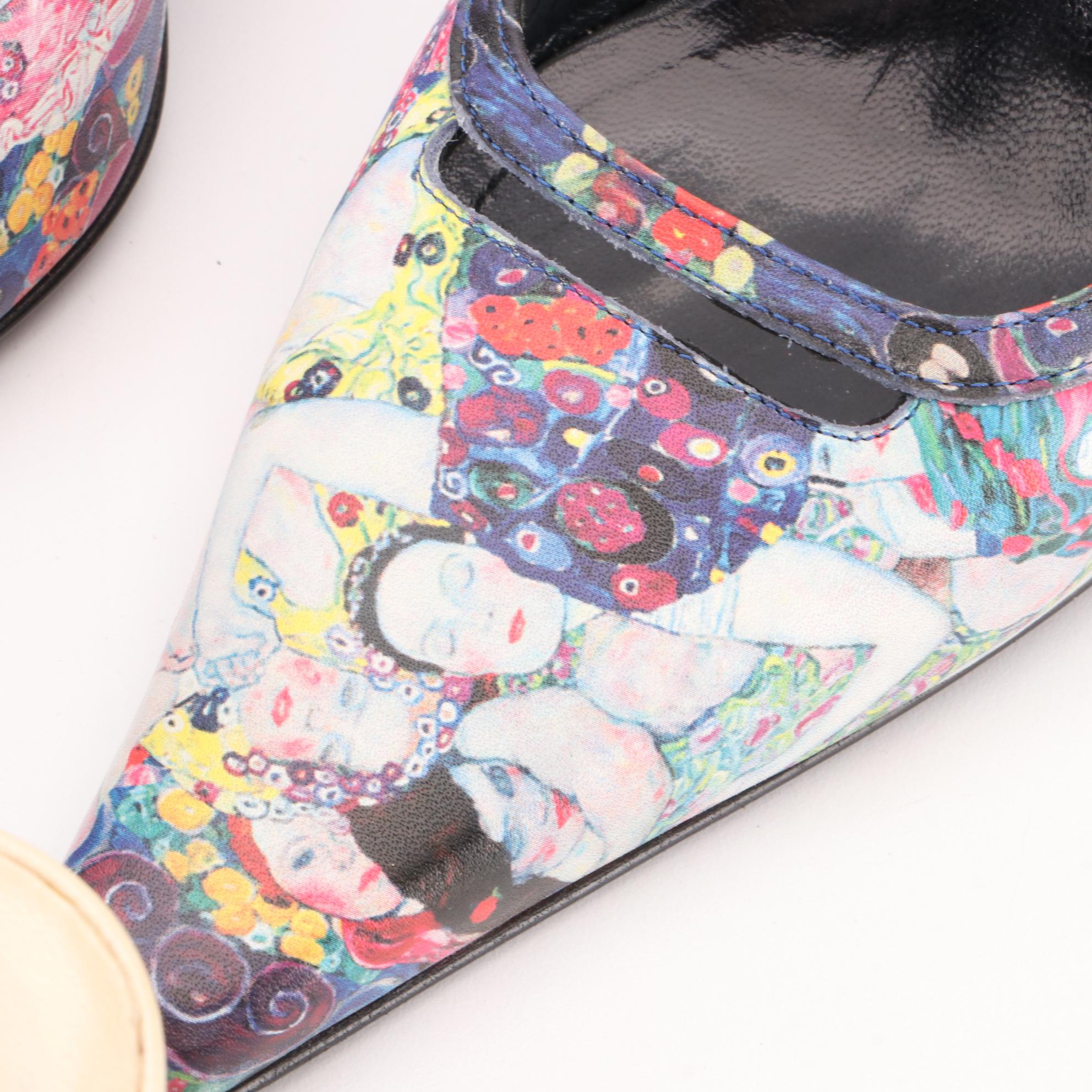 Icon Wearable Art Mules and Slides in Printed Leather