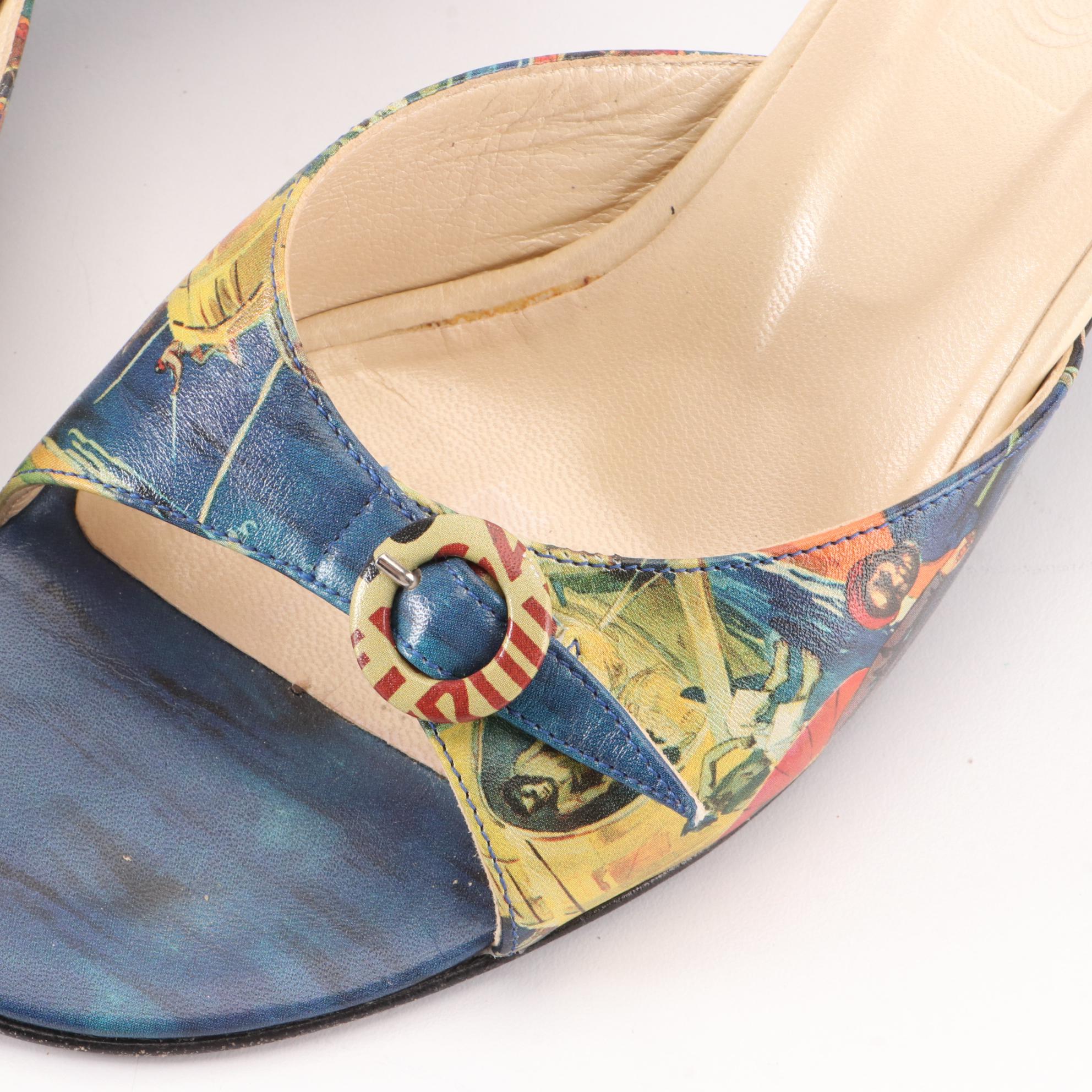 Icon Wearable Art Mules and Slides in Printed Leather