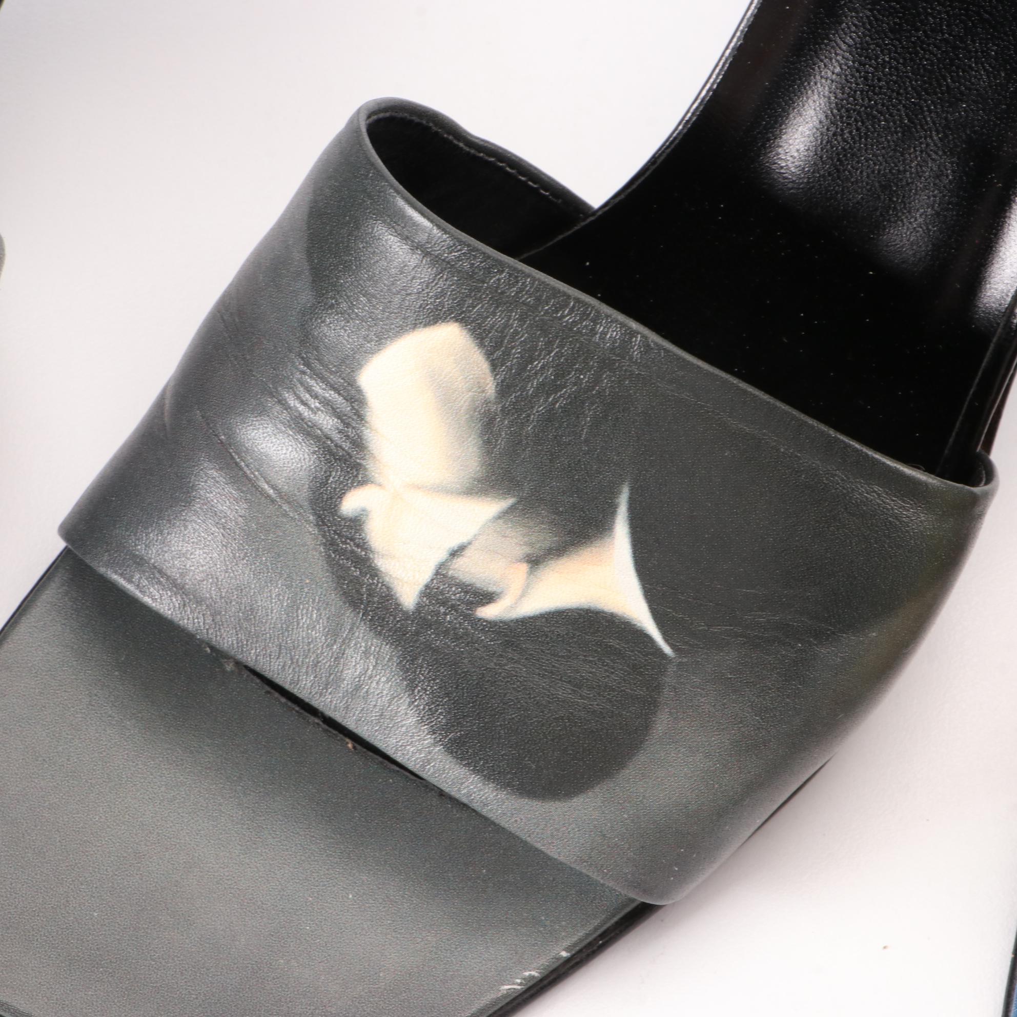 Icon Wearable Art Mules and Slides in Printed Leather